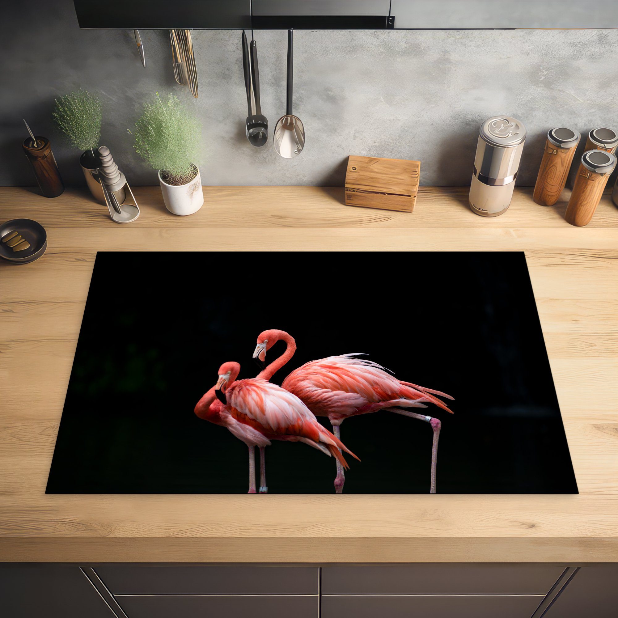 MuchoWow Herdblende-/Abdeckplatte Zwei Flamingos mit (1 küche, cm, tlg), die Schutz Ceranfeldabdeckung Induktionskochfeld Vinyl, für Hintergrund, schwarzem 81x52