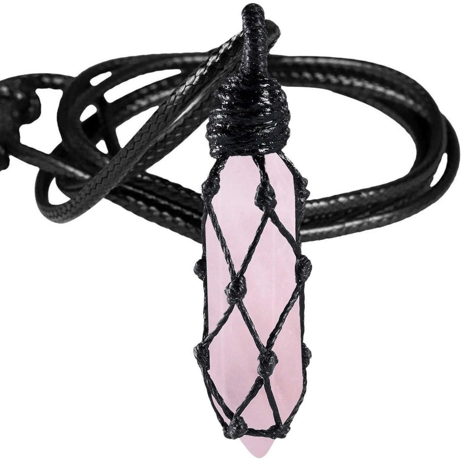 LuxusKollektion Kristallanhänger Halskette Schmuckstein Kristall Sechseck Reiki Wachsseil Pink