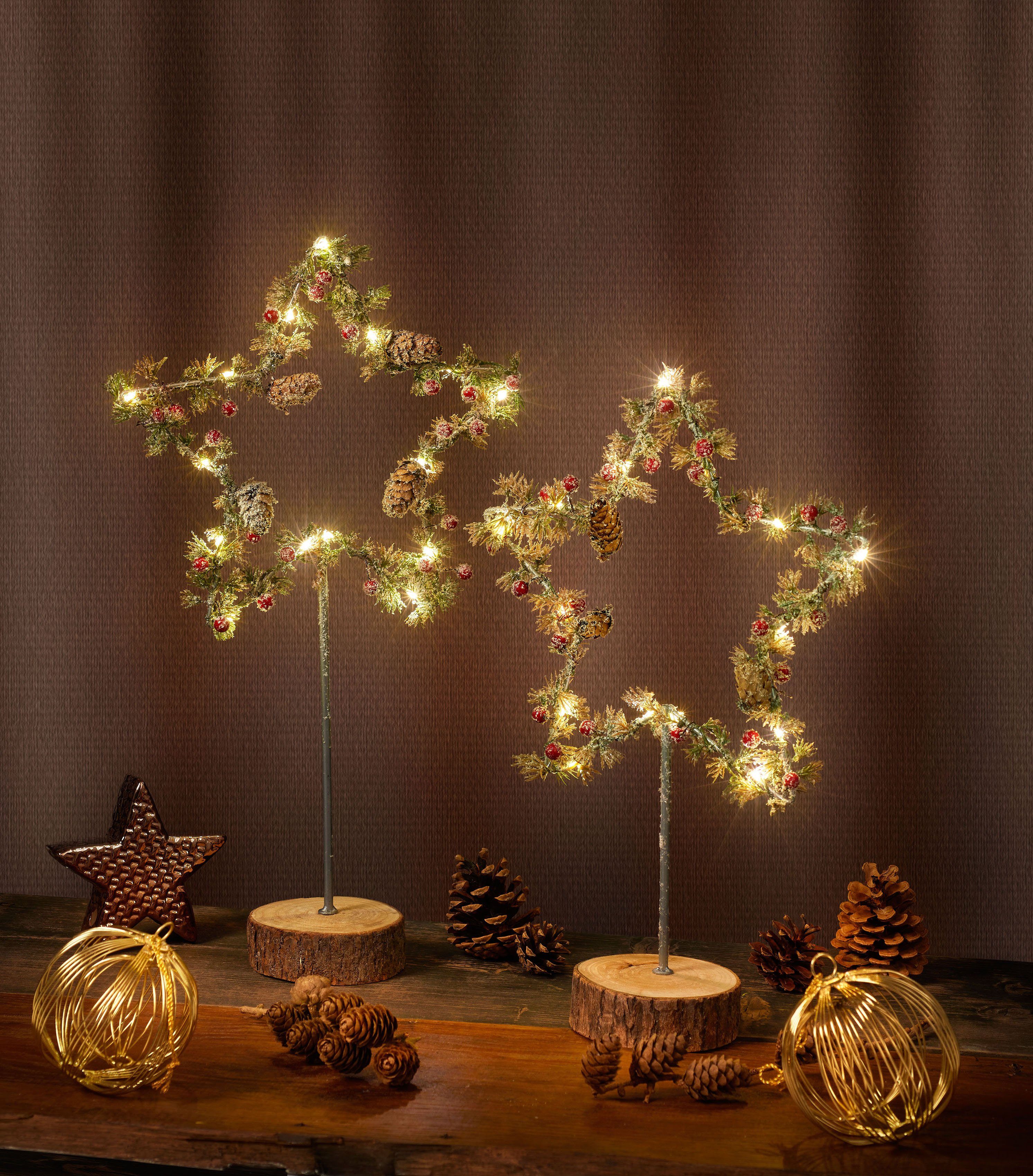 Zapfen, Set, integriert, fest Holzfuß, 39 Weihnachtsdeko Stern und Früchte Weihnachtsstern, 49 cm cm, LED Höhe 2er LED ca. BONETTI + Warmweiß, mit