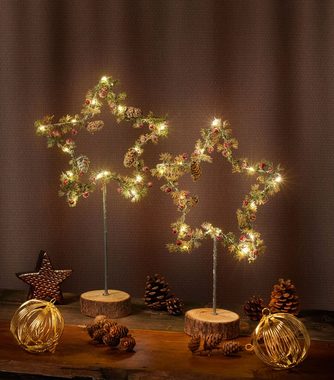BONETTI LED Stern Weihnachtsstern, Früchte und Zapfen, LED fest integriert, Warmweiß, 2er Set, mit Holzfuß, Höhe ca. 39 cm + 49 cm, Weihnachtsdeko