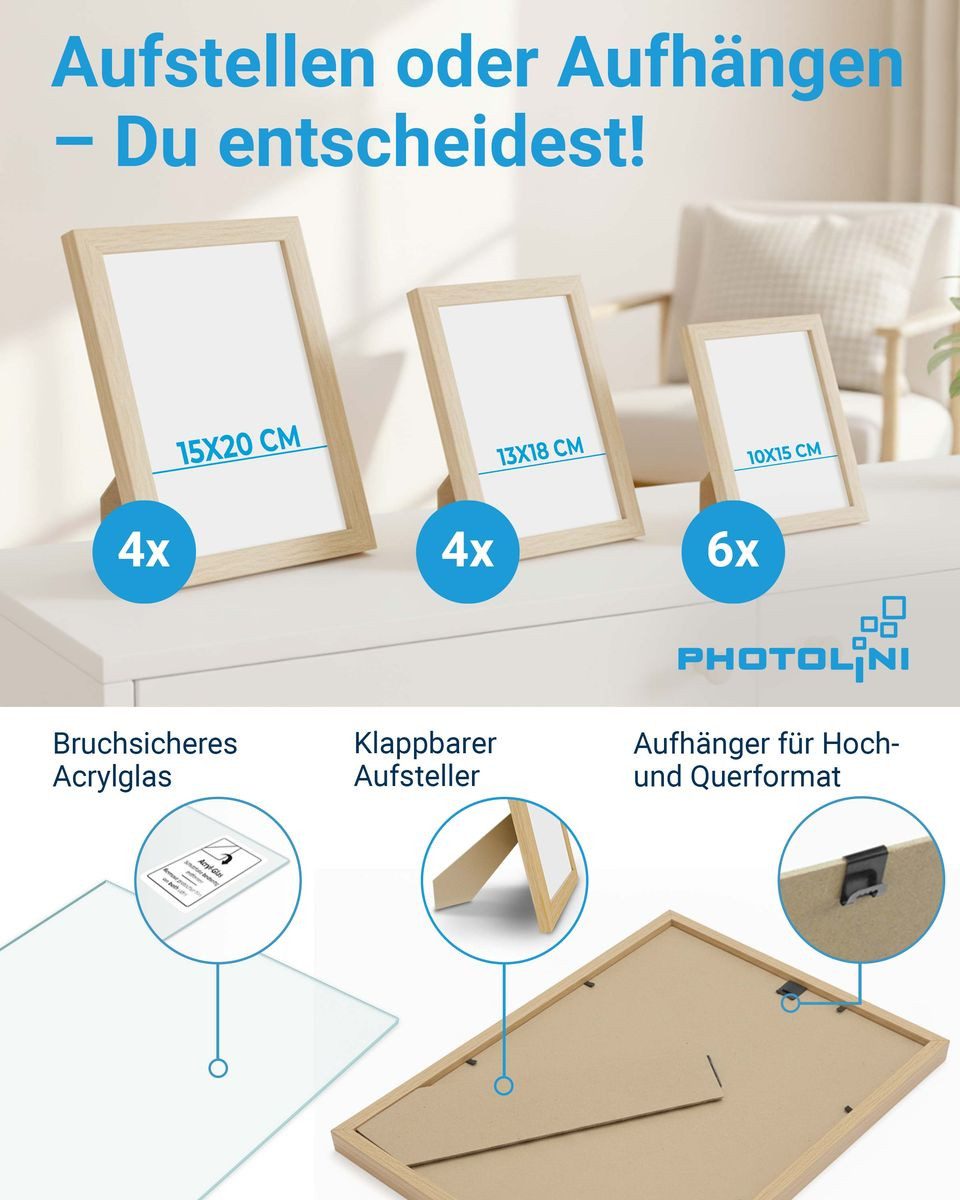 PHOTOLINI Bilderrahmen Sets in verschiedenen Formaten, MDF Holz, Acrylglas & Zubehör, für 14 Bilder (14er Set), Posterrahmen 14er Set No.2 zum Aufhängen oder Aufstellen
