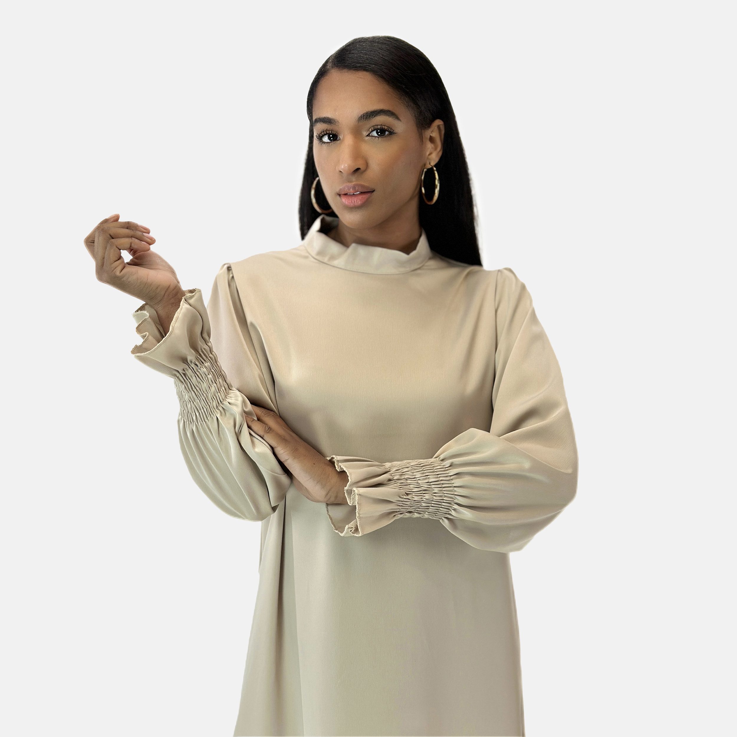 Elara Maxikleid — Damen Abaya One Size mit Stehkragen und Ballonärmeln