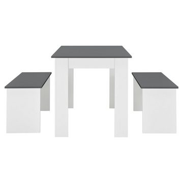 en.casa Essgruppe, (3-tlg), »Hokksund« Sitzgruppe Esstisch 110x70cm mit 2 Sitzbänken Weiß / Grau