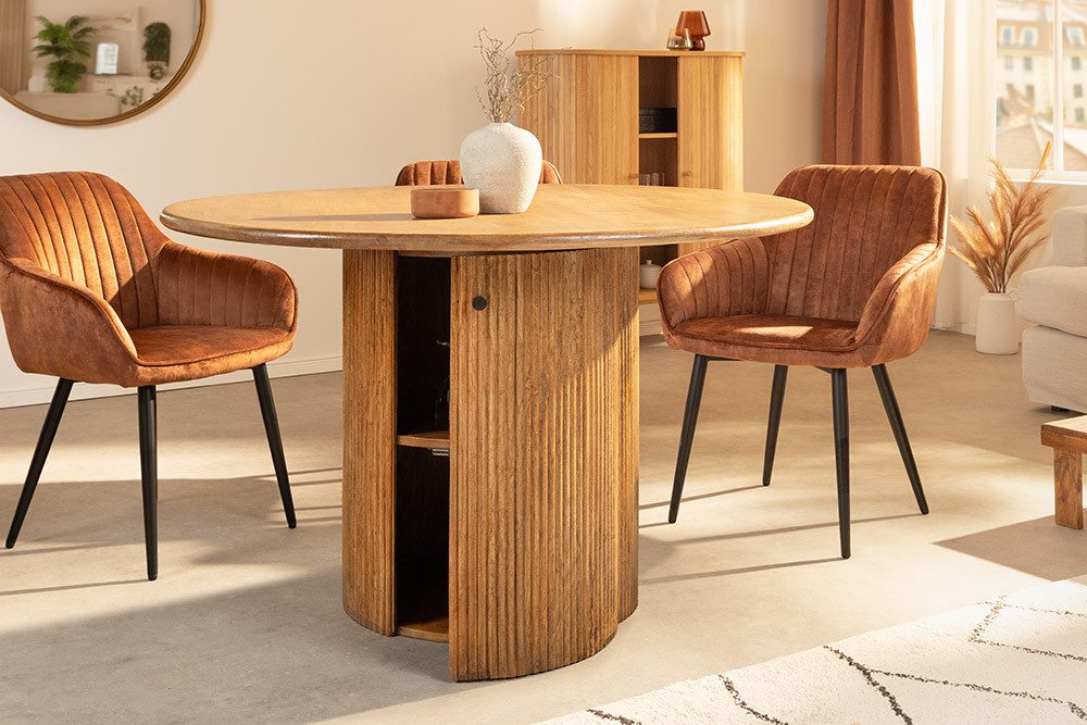 riess-ambiente Esstisch TRES CHIC Ø120cm braun Mangoholz – rund, Säule, mit Stauraum & Ablage (Einzelartikel, 1-St), Massivholz Design, rustikaler Stil, runder Tisch, Stauraum im Fuß
