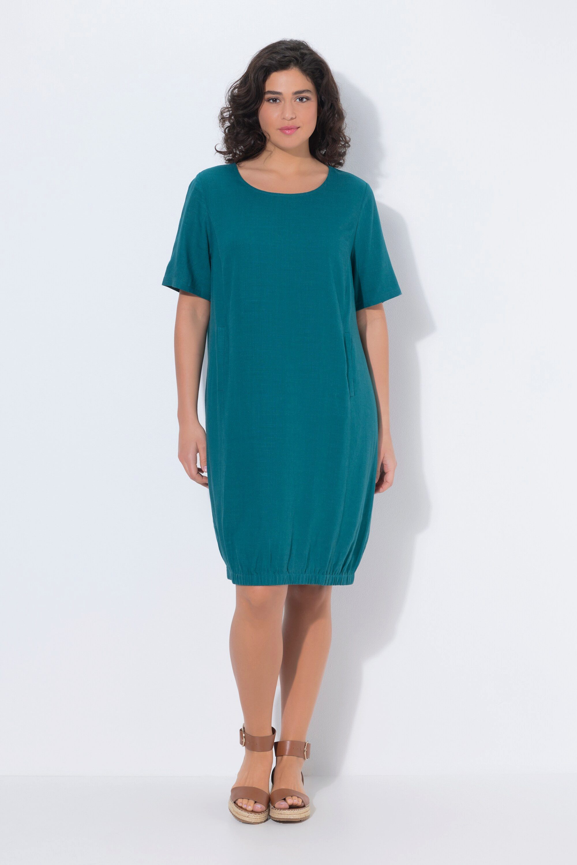 Ulla Popken Midikleid Leinenmix-Kleid A-Linie Rundhals Halbarm Taschen