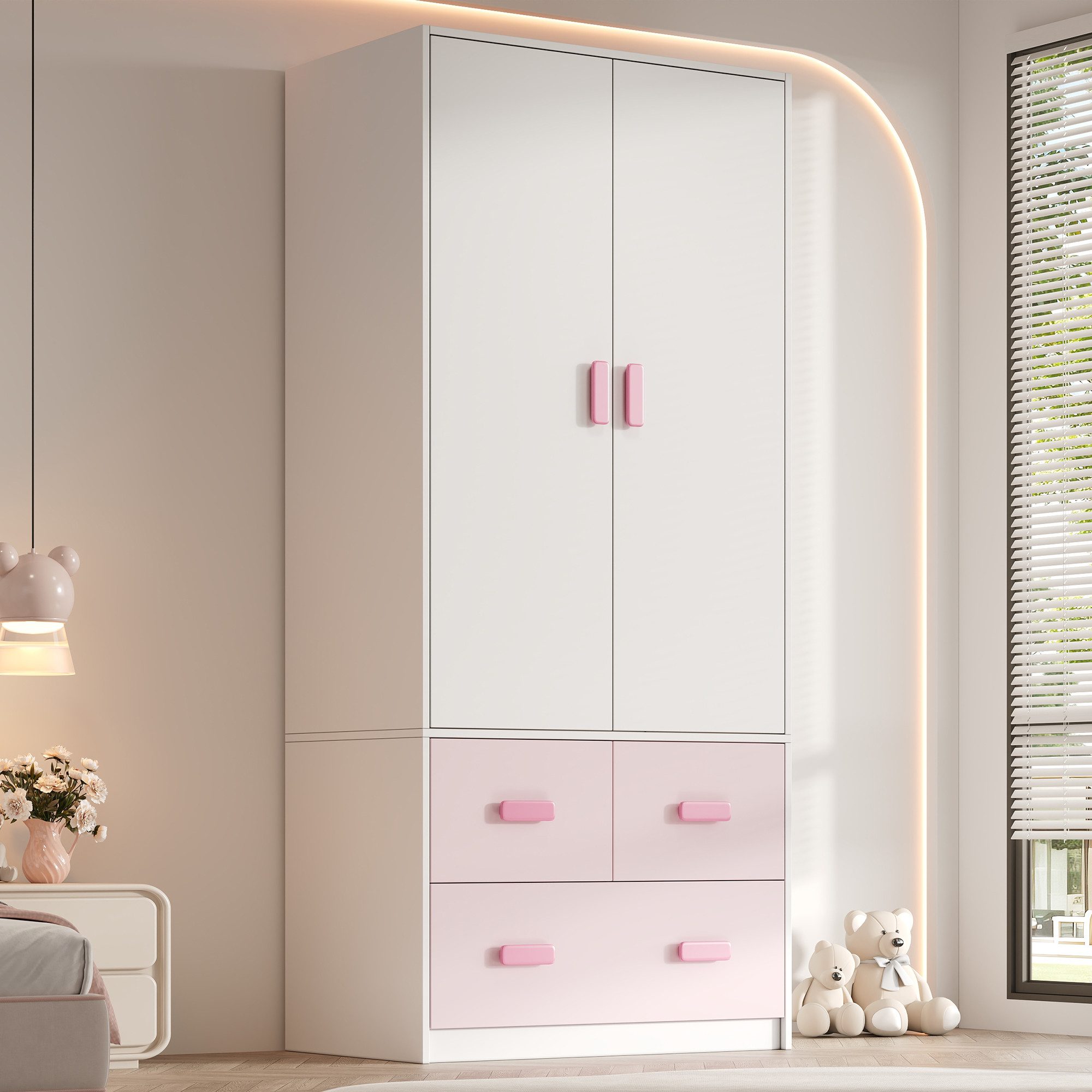 STILVORA Kleiderschrank 2-türiger Kinderkleiderschrank mit Kleiderstange, Weiß und Rosa (Kleiderschrank 2-türig, mit Stange, 3 Schubladen, Weiß+Rosa, Holzwerkstoff, stabil, Kippschutz, 80×48×180cm, langlebig) für Kinderzimmer, Schlafzimmer, Jugendzimmer, Aufbewahrung