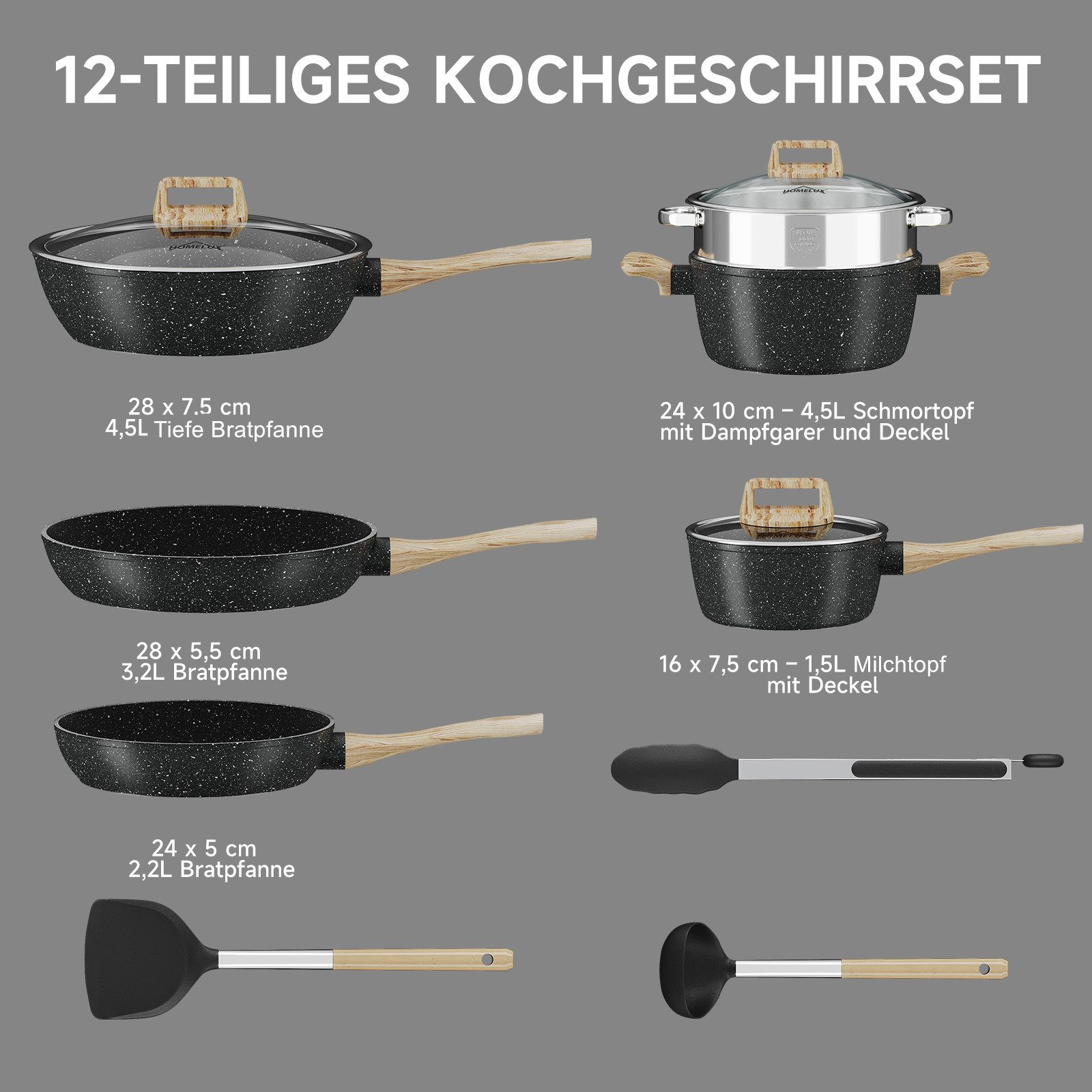 HOMELUX Topf-Set Schwarz Induktions Töpfe Set mit Antihaftbeschichtung, Holzmaserung, Aluminium (Kochtopf 16/24 cm, Bratpfanne 24/28/28 cm + 3-tlg. Küchenhelfer-Set, 12-tlg., Topfset/Pfannensets), Induktion