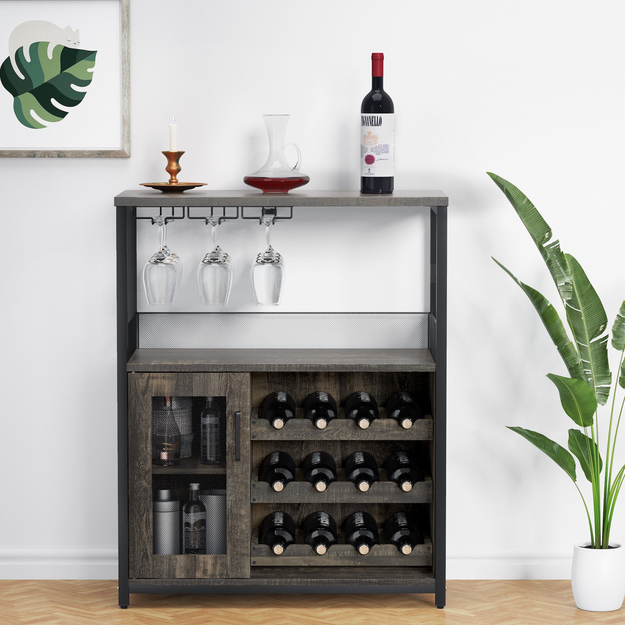 Weinschrank,Barschrank mit Glashalter und Netztür,industrielles Sideboard
