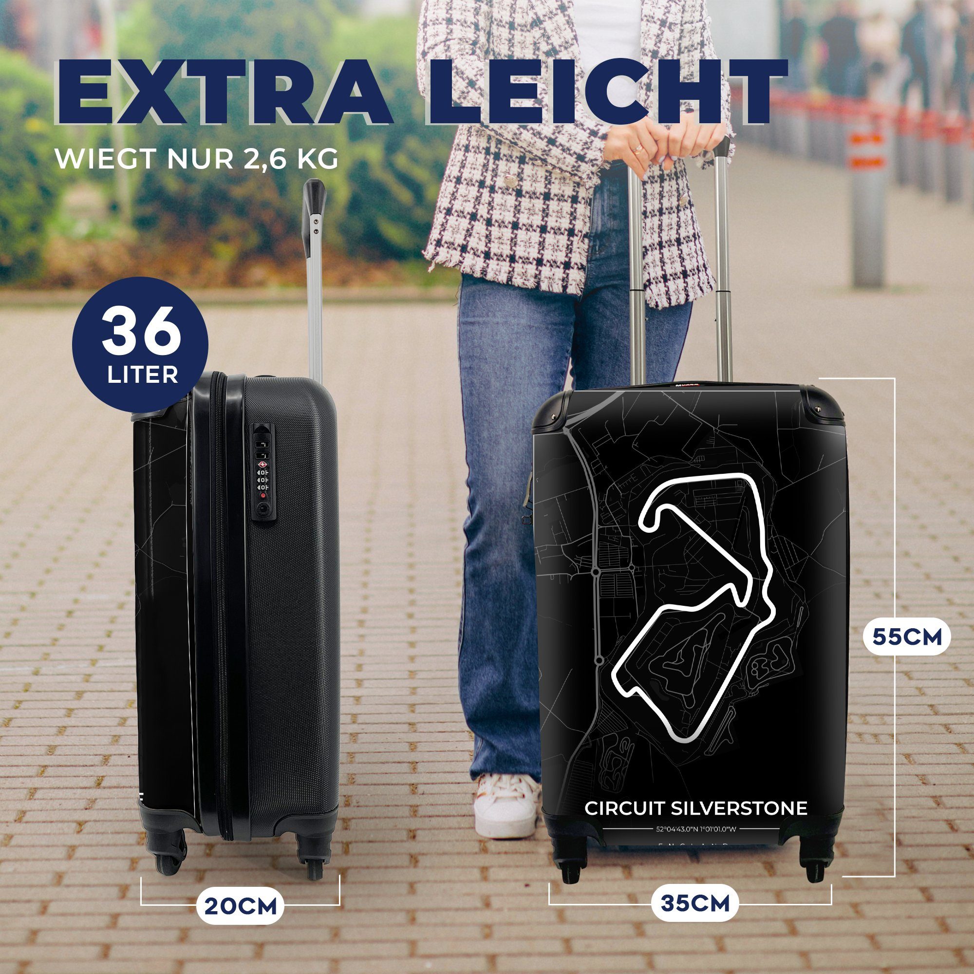 Handgepäck MuchoWow - Silverstone Rollen, Rennsport - Reisekoffer Reisetasche 4 Rennstrecke Trolley, für mit - rollen, Ferien, Schwarz, England Handgepäckkoffer -