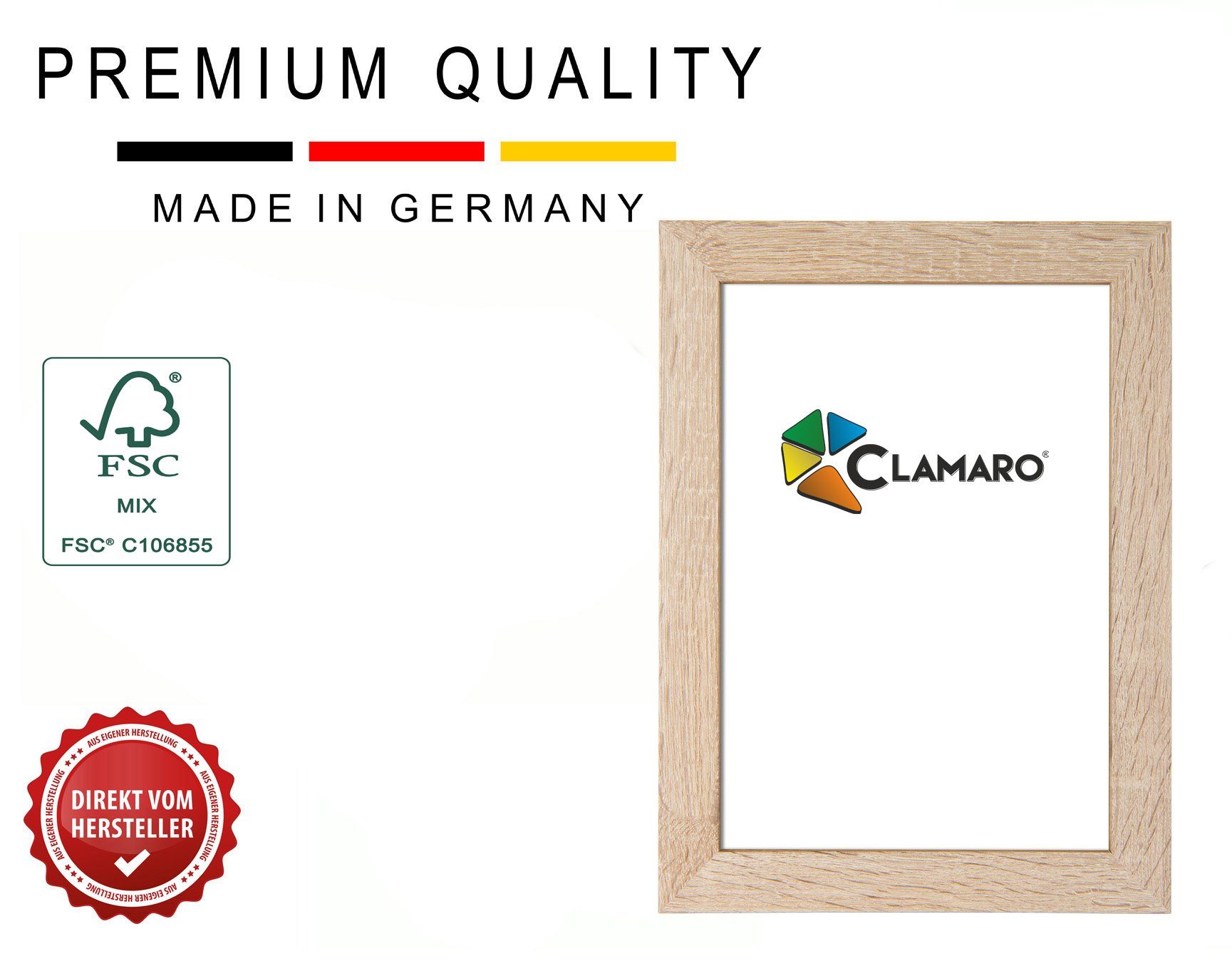 Clamaro Rahmen, Bilderrahmen CLAMARO 'Collage' DIN FSC® Holz MDF Rahmen inkl. Acrylglas, Rückwand und Aufhänger eiche sonama