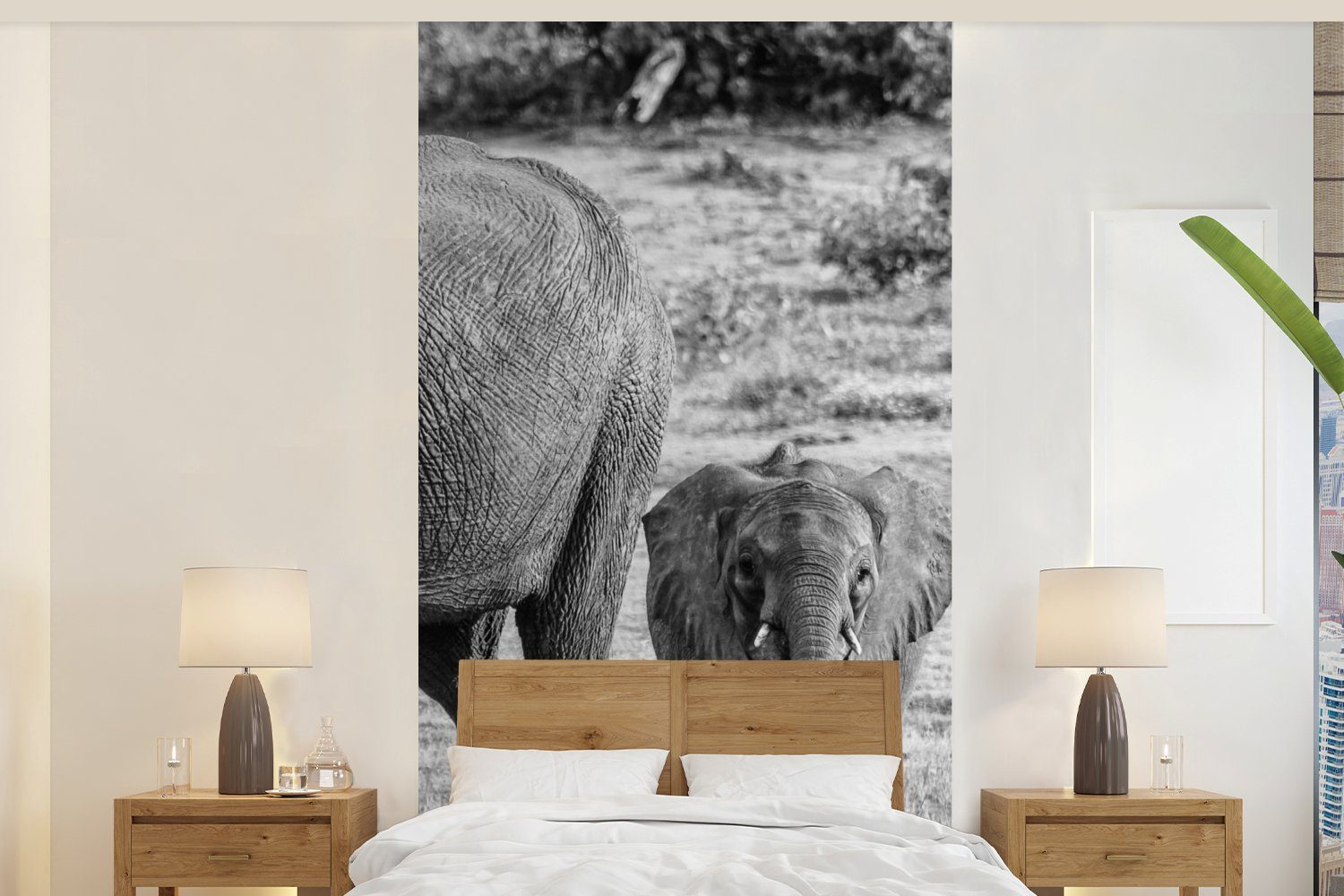 MuchoWow Fototapete Elefant - Wasser - Tiere - Schwarz - Weiß, Matt, bedruckt, (2 St), Vliestapete für Wohnzimmer Schlafzimmer Küche, Fototapete