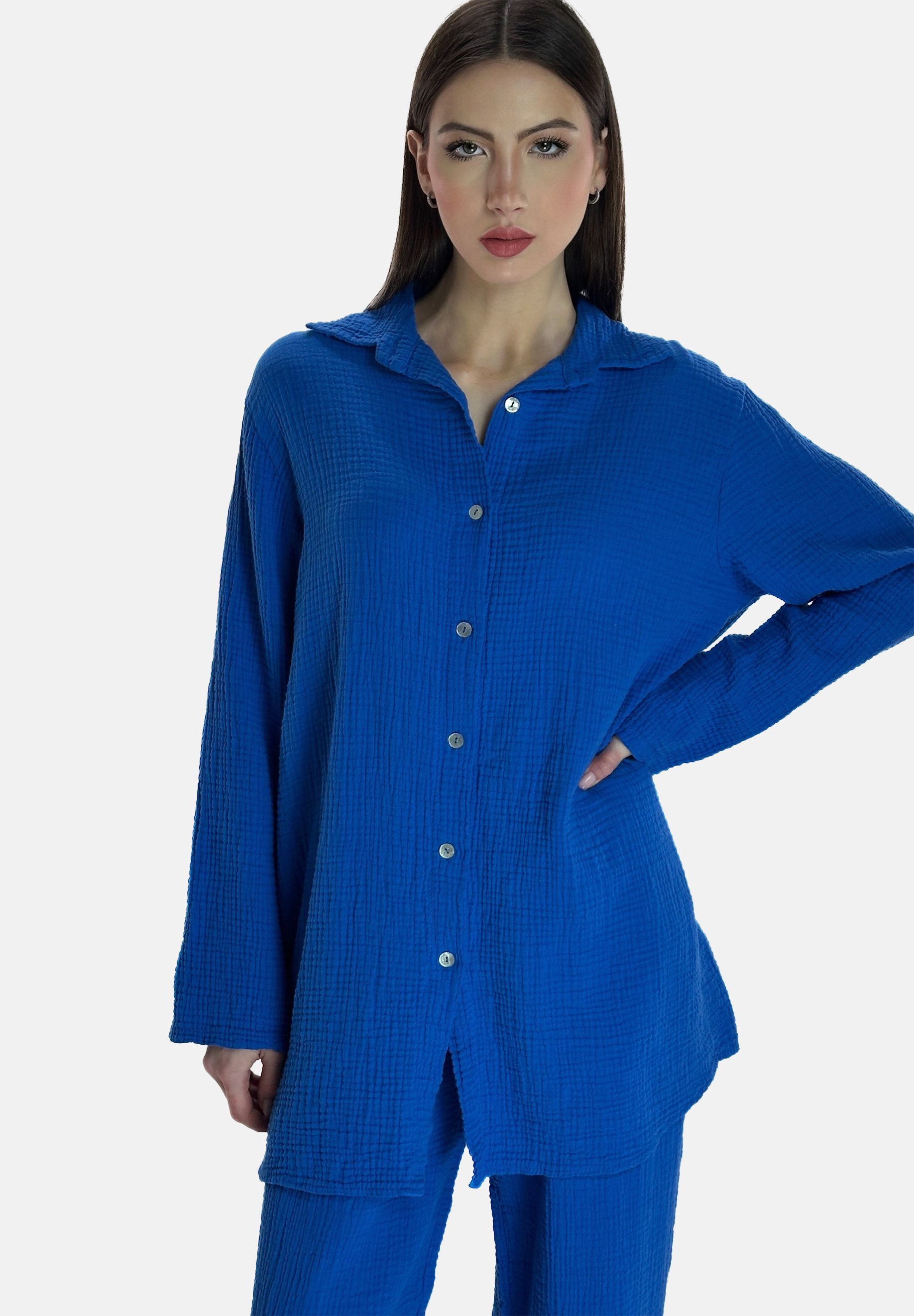Elara Anzug Damen Zweiteiler aus Musselin mit Oversize-Hemd und weiter Hose (Set, Set)