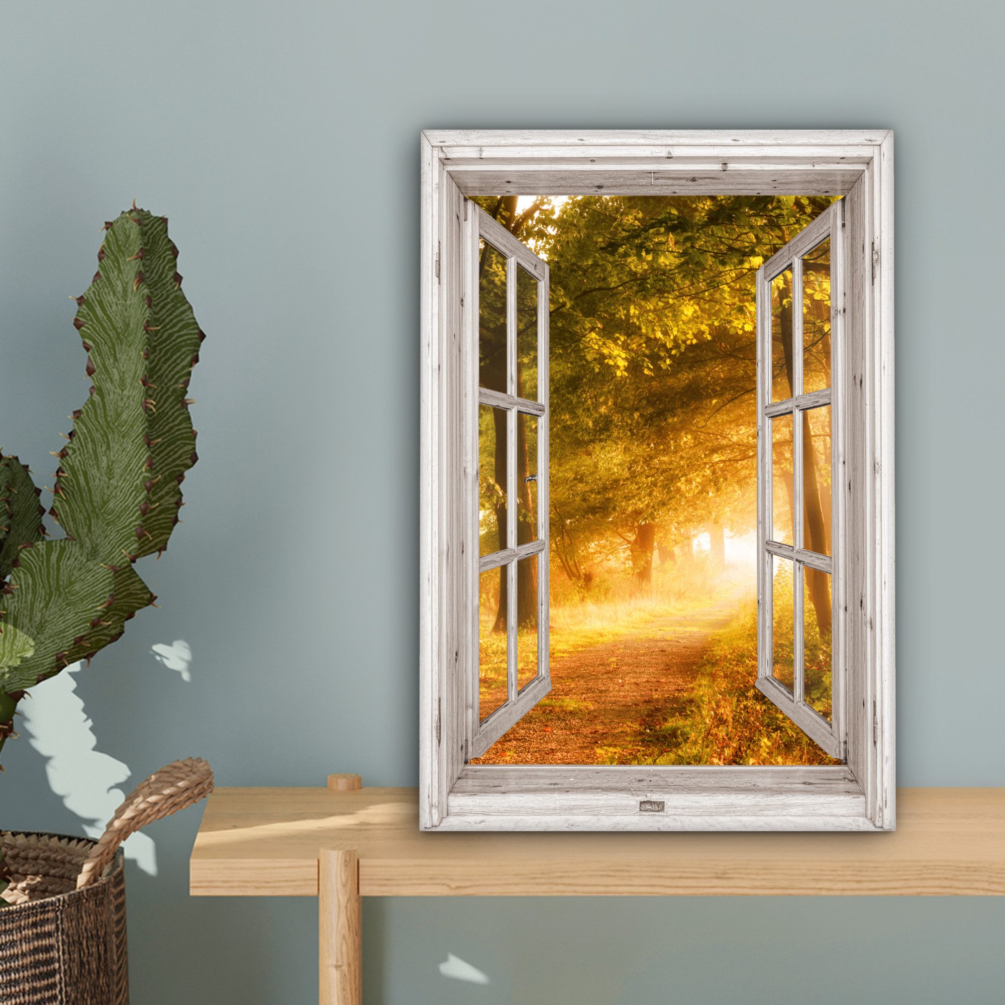 OneMillionCanvasses® Leinwandbild Wald - Bäume - Sonnenlicht - Herbst - Weg - Natur - Fensterblick, Fotodruck (1 St), Leinwand Canvas Wandbild, Wanddekoration 2 – Bild 3 von 5