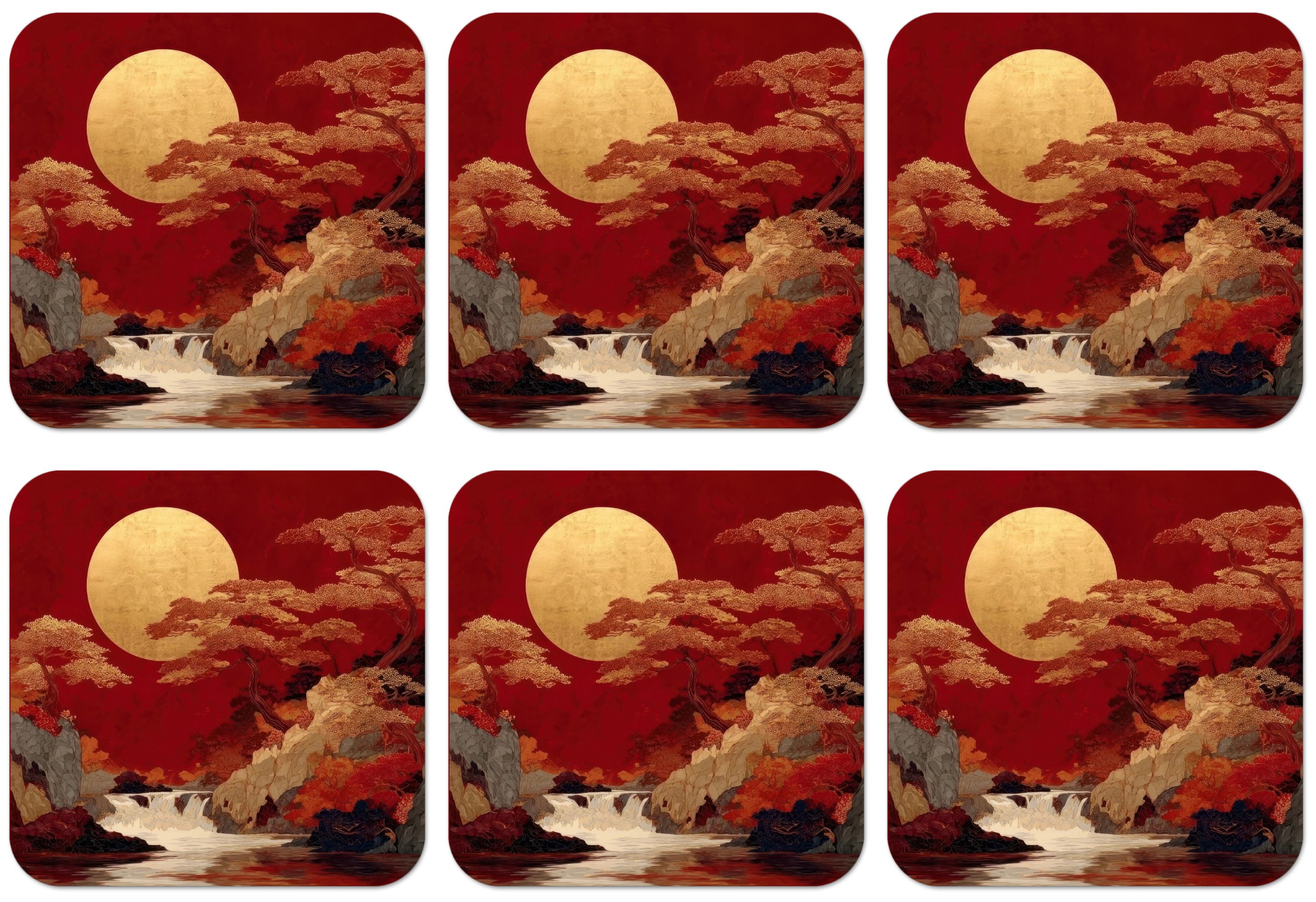 MuchoWow Glasuntersetzer Vollmond - Landschaft - Wasserfall, Zubehör für Gläser, 6-tlg., Tassenuntersetzer Kork, Quadrat, Untersetzer Set Gläser, 10x10 cm