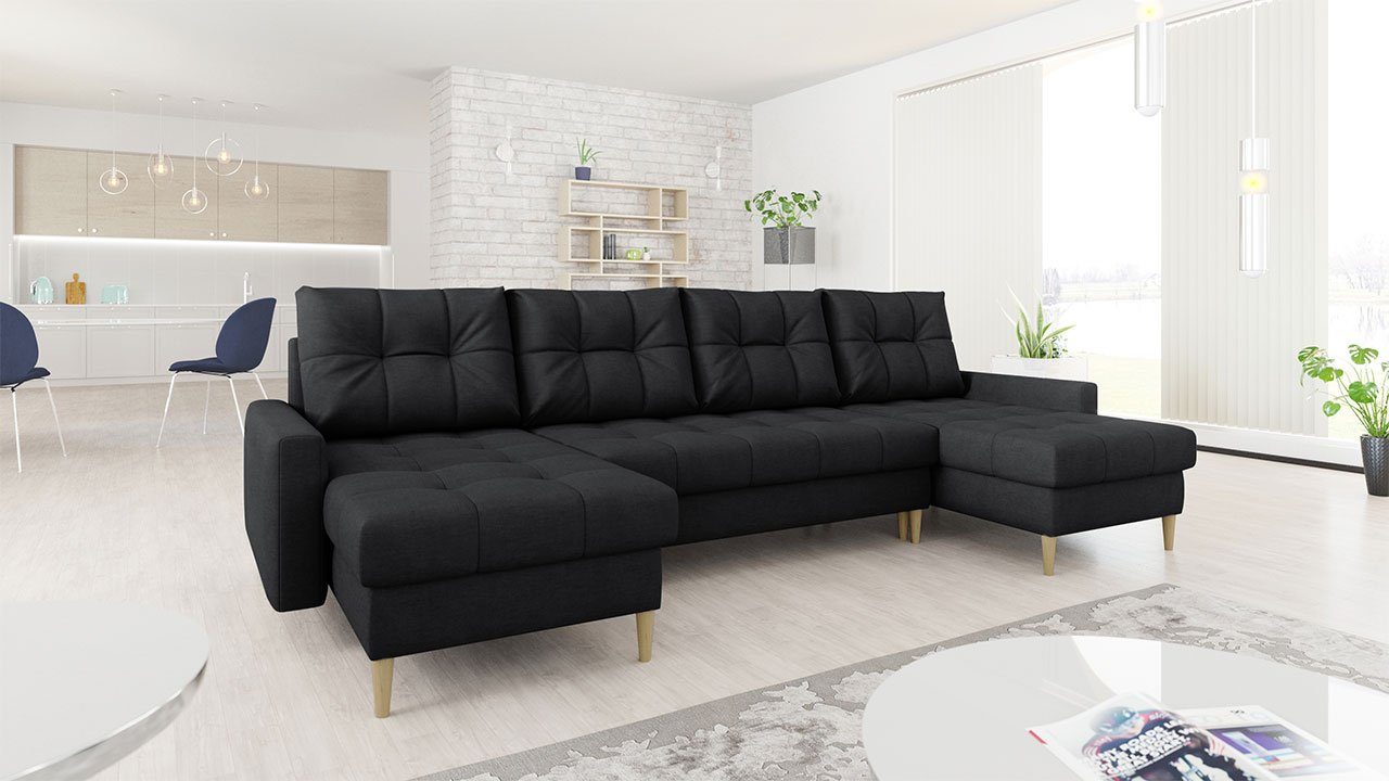 MKS MÖBEL Ecksofa Scandi U, Sofa Mit Schlaffunktion, Wohnlandschaft mit Bettkasten Schwarz