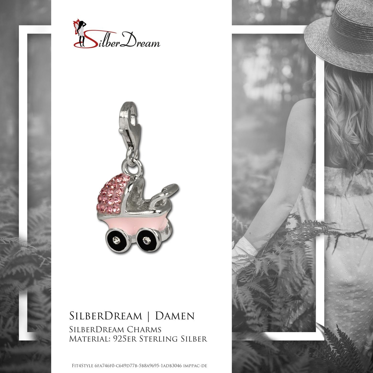 SilberDream Charm-Einhänger SilberDream rosa Charm Kinderwagen, Charmsanhänger Kinderwagen, 925 Sterling Silber, Farbe: rosa, weiß