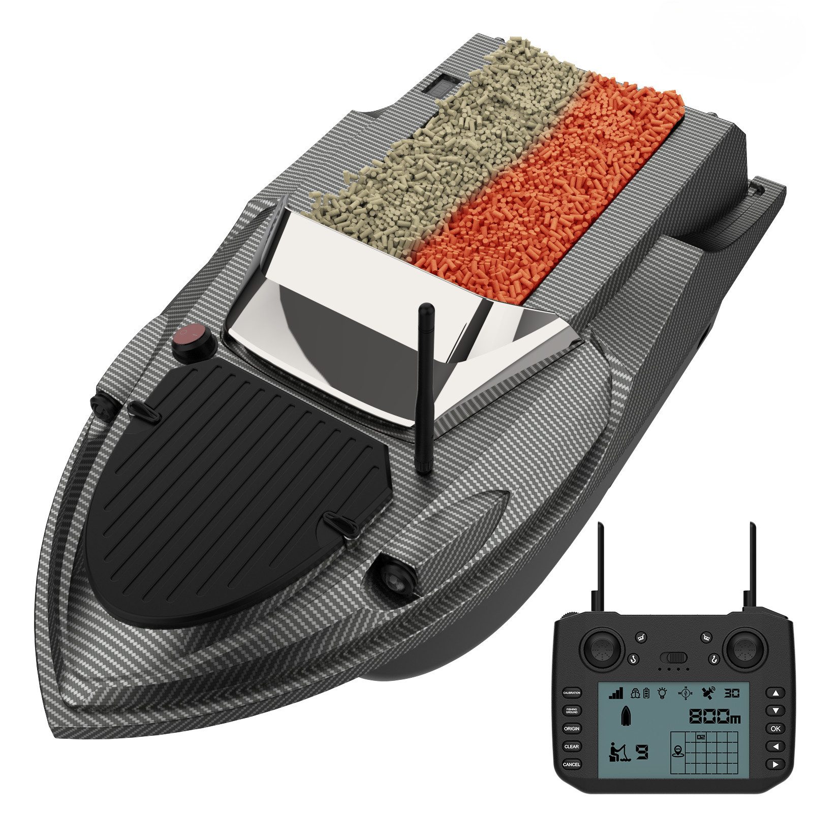 Tekoo RC-Boot GPS Futterboot Set inkl. Fishfinder, Autopilot, 3kg Zuladung (Set, Komplett-Set inklusive Fischfinder und Zubehör), 180 GPS-Zielpunkte, automatische Rückkehrfunktion, 800m Reichweite