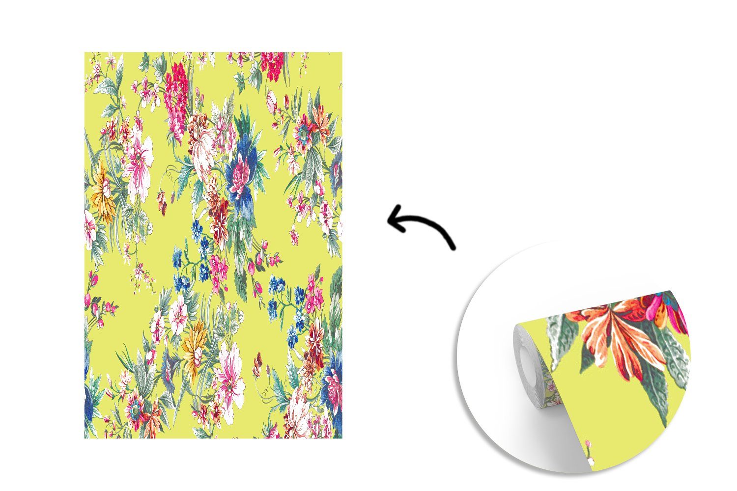 MuchoWow Fototapete Blumen - - St), Grün, für Tapete Montagefertig Vinyl Farben bedruckt, Wohnzimmer, Matt, (3 Wandtapete