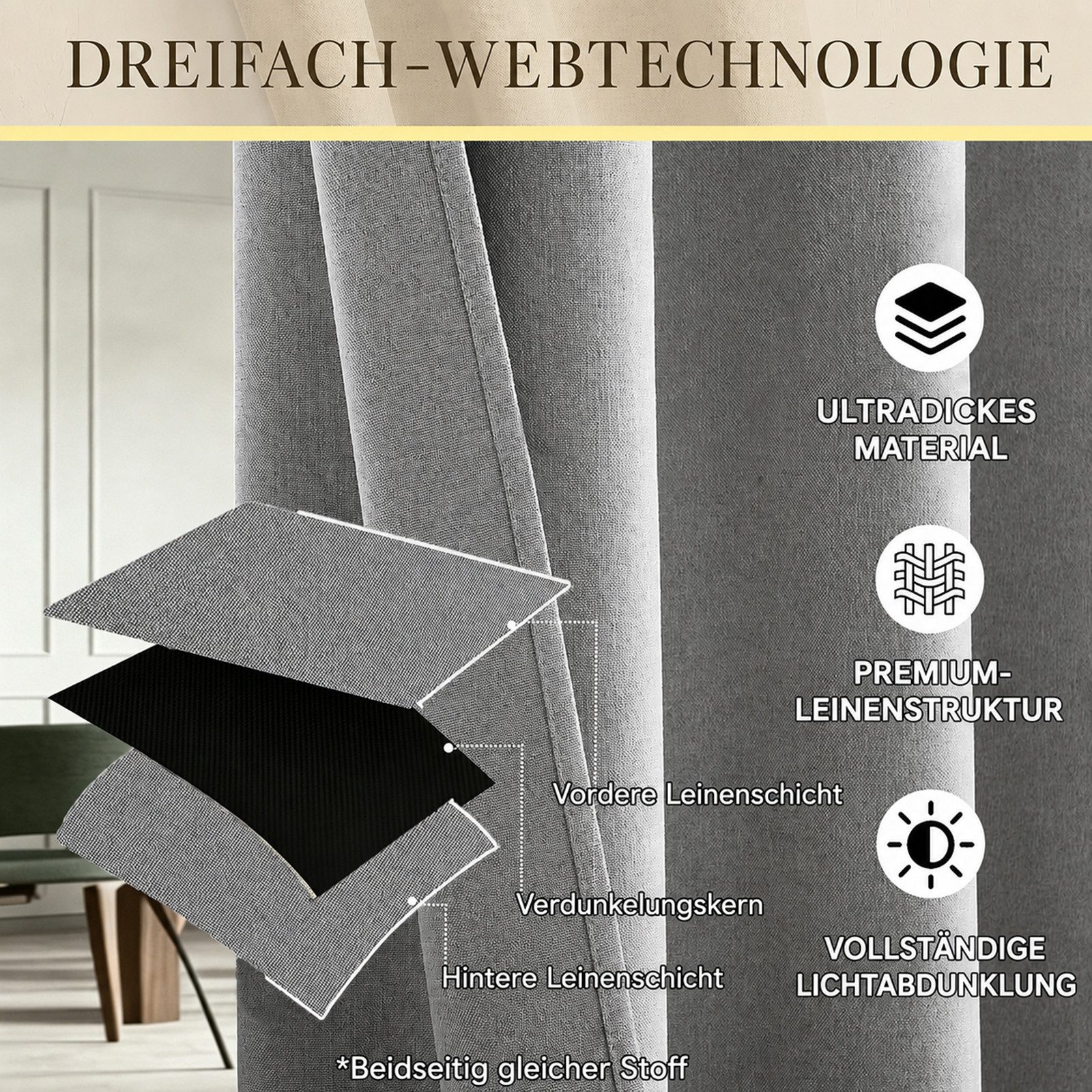 LMaxhome Gardine Verdunkelungsvorhang mit Schiene, 100 % Blickdicht mit Thermoschutz, Extra breiter Raumteiler-Vorhang für Büro, Wohn- und Schlafzimmer – Bild 2 von 5