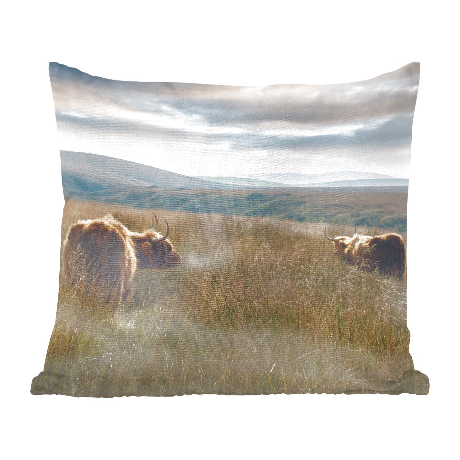 MuchoWow Dekokissen Schottische Highlander Gras, mit für Sofakissen - Zierkissen Füllung Nebel Schlafzimmer, - Wohzimmer, Deko