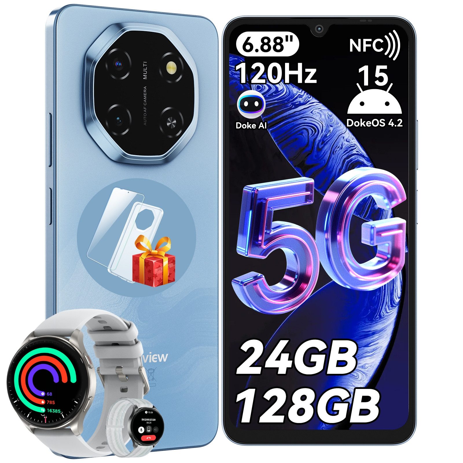 blackview Shark 6 5G,AI incl.X20 Smartwatch Handy (6.88 Zoll, 128 GB Speicherplatz, 120Hz, Doke AI, 5000mAh,Unisoc T8100, Android 15)