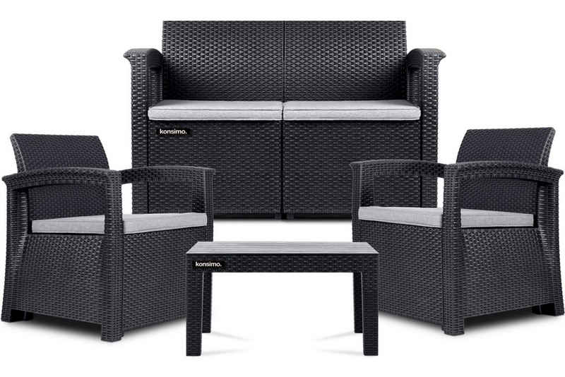 Konsimo Loungeset NEOMENS Gartenmöbel-Set Garten-Lounge-Set, (2x Gartensessel, 1x Tisch, Maße: 72x38x52 cm, 1x Gartensofa, 4-tlg), Zweisitzer-Sofa, Gartensessel, Gartentisch, Polyrattan