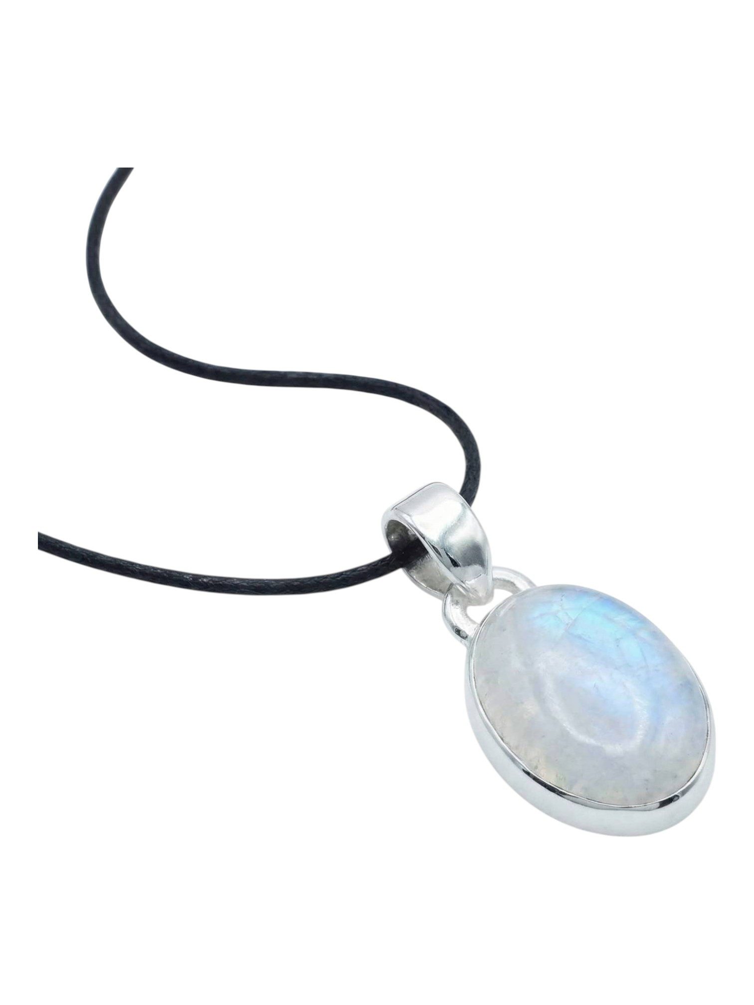 mantraroma Kettenanhänger SAMA oval aus 925 Silber mit Regenbogen Mondstein (Kettenanhänger am Baumwollband im Schmuckbeutel), 925 Sterling Silber Kettenanhänger für Damen