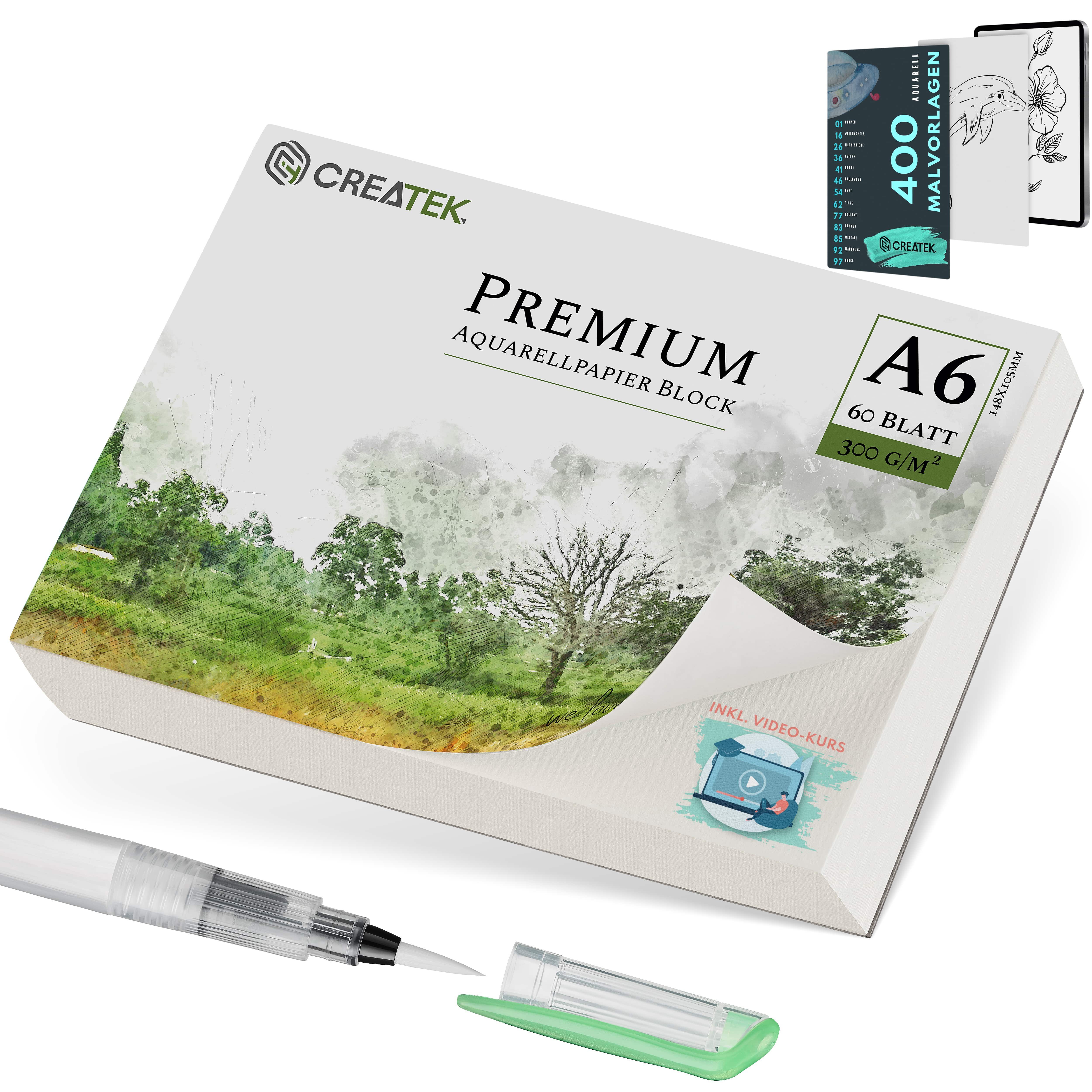 CreaTek Aquarellpapier 300g diverse Größen - Premium Qualität inkl. Pinsel & Bleistift uvm., 2 STUNDEN VIDEOKURS + 400 MALVORLAGEN