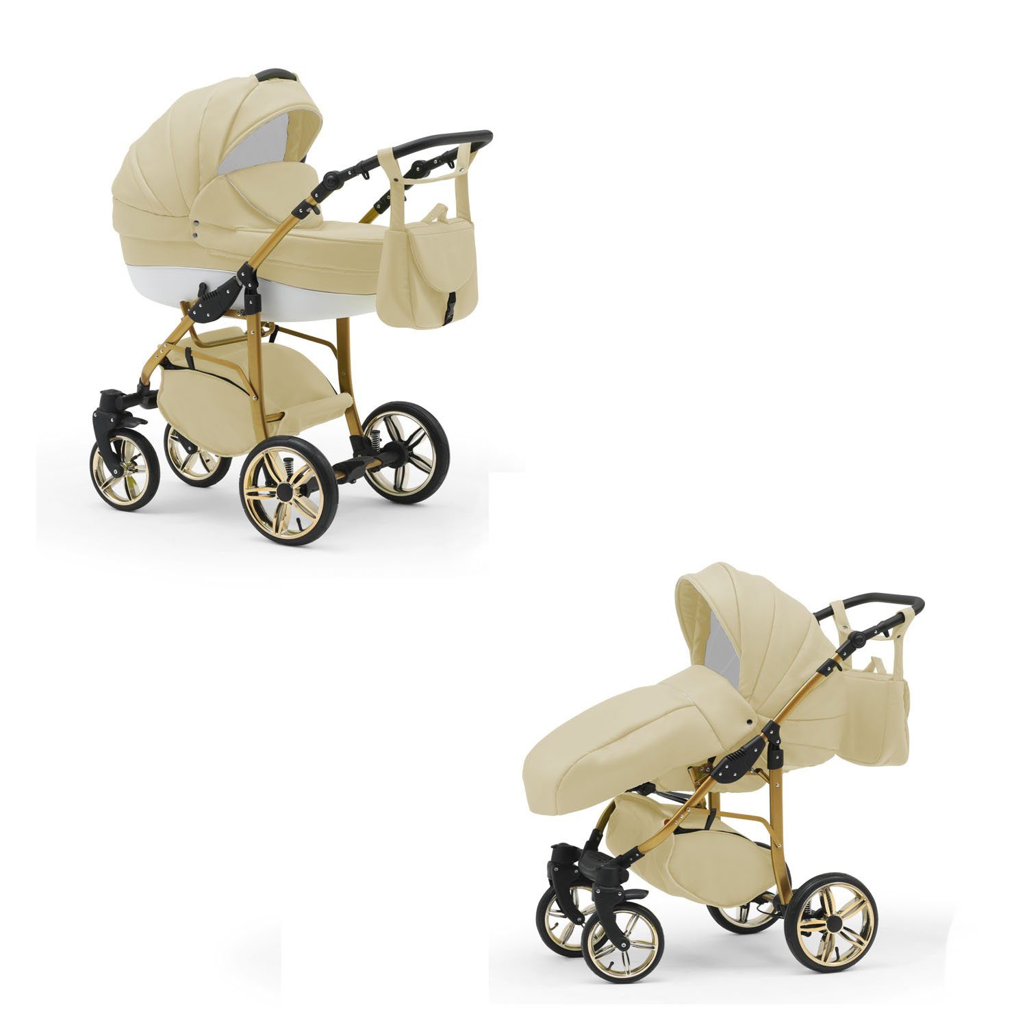 babies-on-wheels Gold - Kinderwagen-Set 2 Farben - Teile Kombi-Kinderwagen Cosmo 13 ECO in 1 Beige-Weiß 46 in