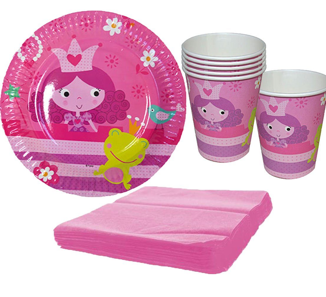 Karneval-Klamotten Einweggeschirr-Set Set Kindergeburtstag Fee Prinzessin 32 Teile rosa, Partygeschirr Pappteller Pappbecher Servietten
