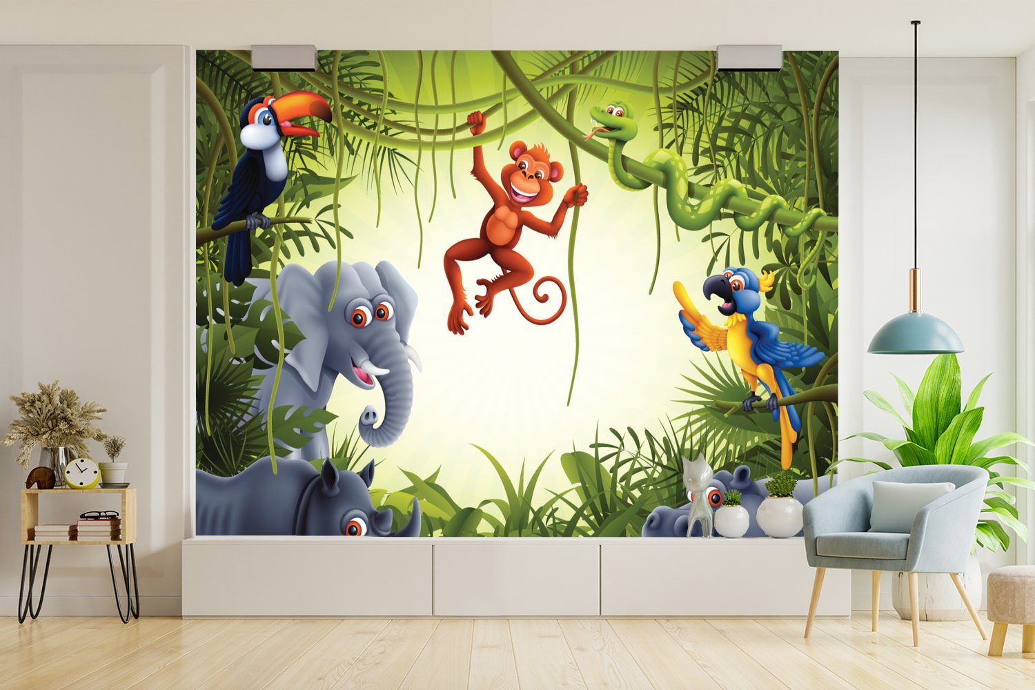 - Dschungel - - Montagefertig Tapete Baby Wildlife - Wandtapete Vinyl für (5 Illustration Jungen St), MuchoWow Wohnzimmer, Fototapete Mädchen, - Matt, bedruckt,