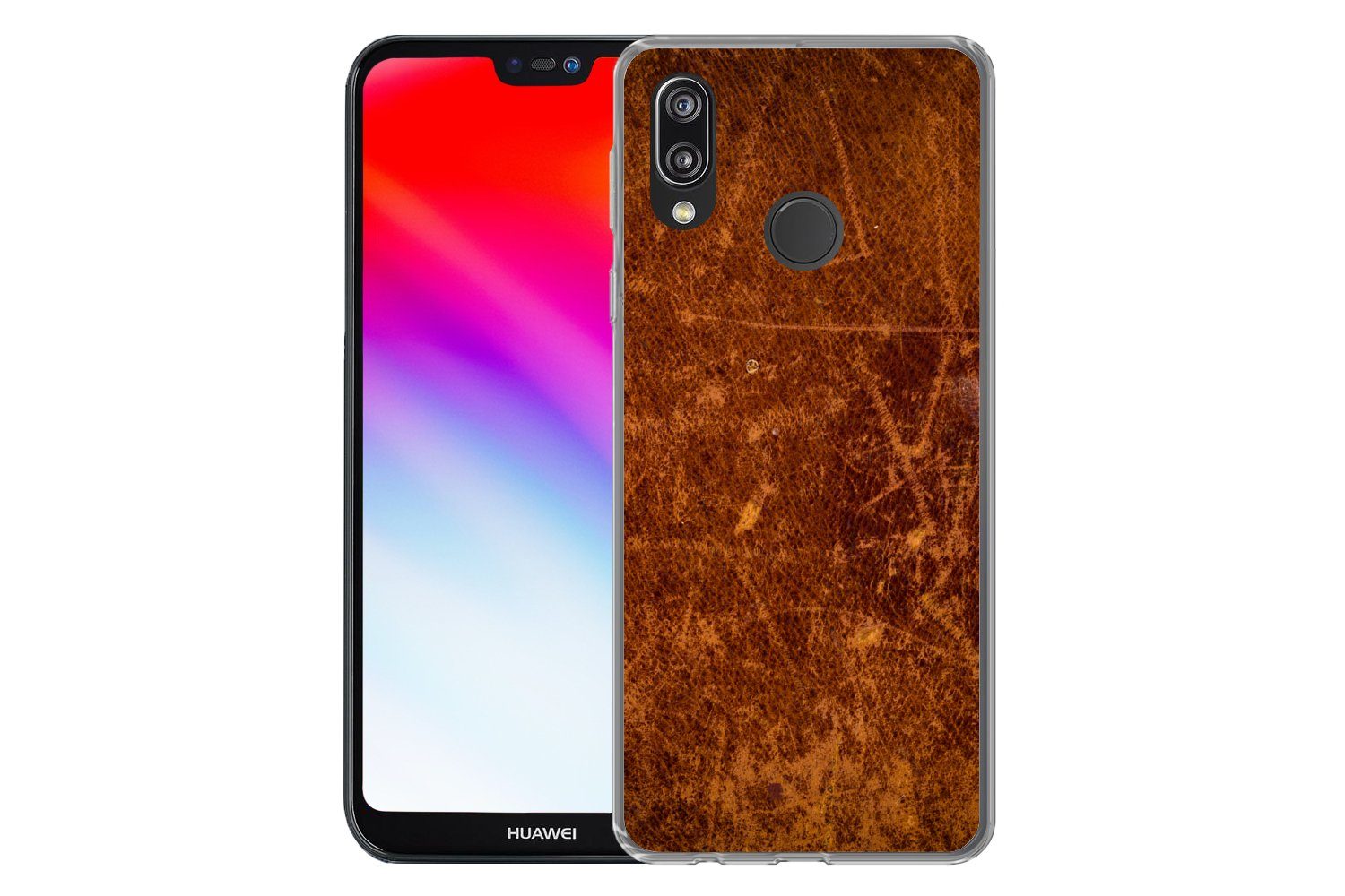 MuchoWow Handyhülle für Huawei P20 Lite (2020) Leder - Lederoptik - Braun - Orange, Handy Case, Silikon, Bumper Case Dünn