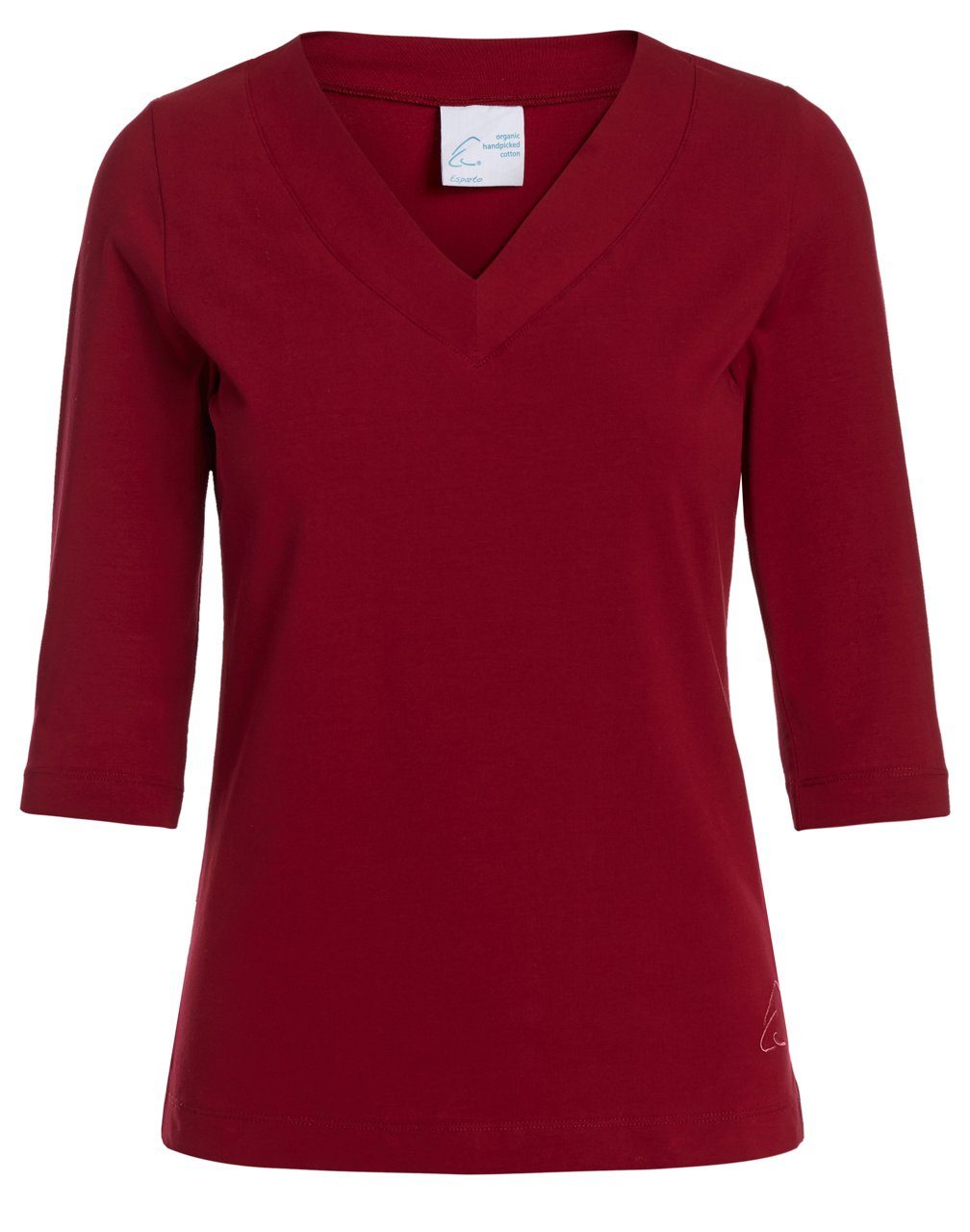 ESPARTO Yogatop Damen-Shirt Sundar in Bio-Baumwolle lang geschnitten und leicht geschlitzt, 2/3 Ärmel, V-Ausschnitt Granatrot