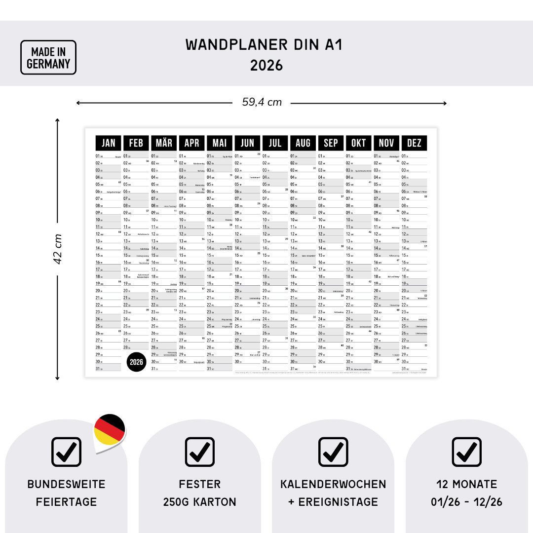heaven+paper Jahresplaner A2 Wandplaner gerollt 2026 Black Querformat, hochwertig, Hergestellt in Deutschland