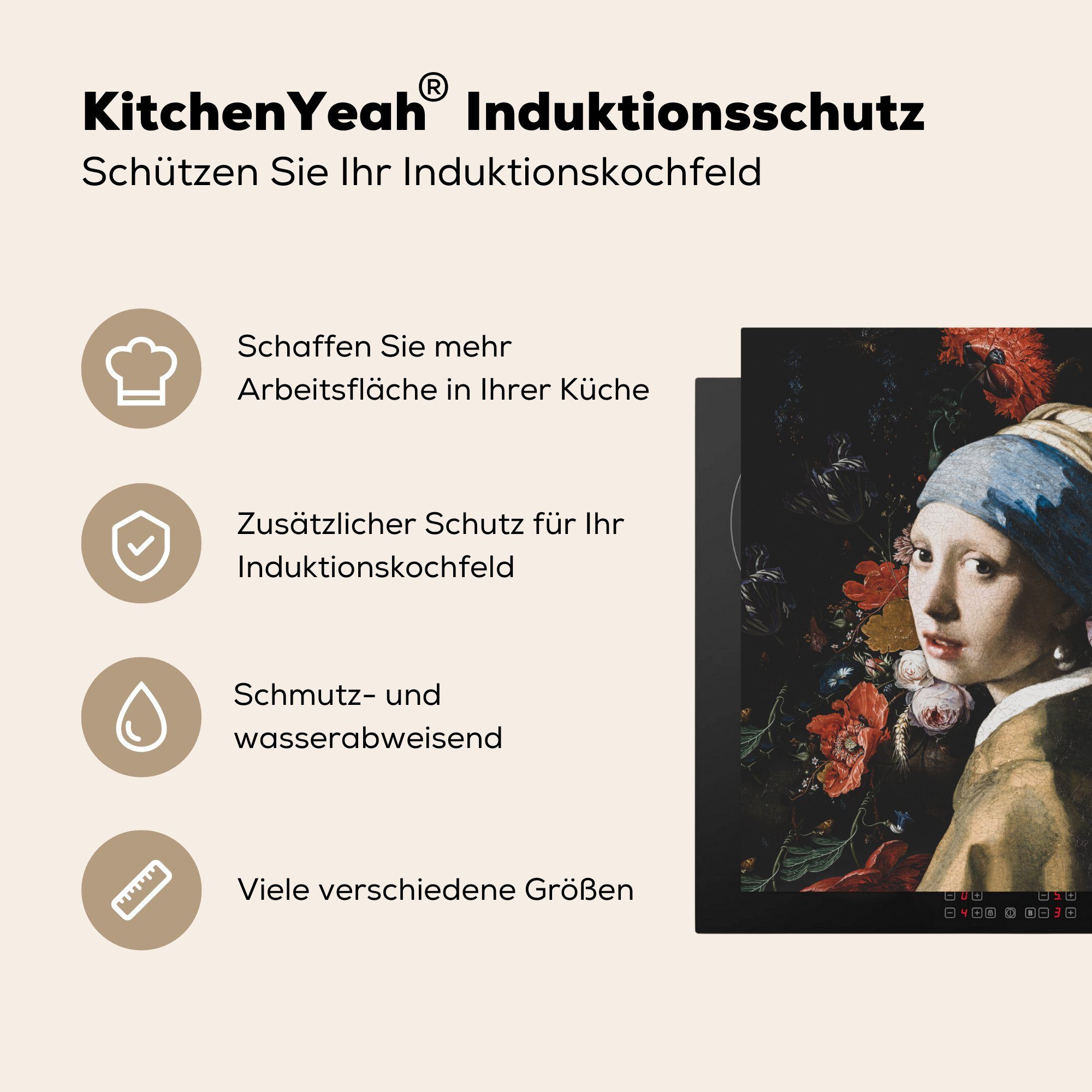 cm, Vinyl, mit - Perlenohrring küche Herdblende-/Abdeckplatte für MuchoWow dem Das Ceranfeldabdeckung, (1 78x78 Mädchen Kunst, - tlg), Vermeer Arbeitsplatte