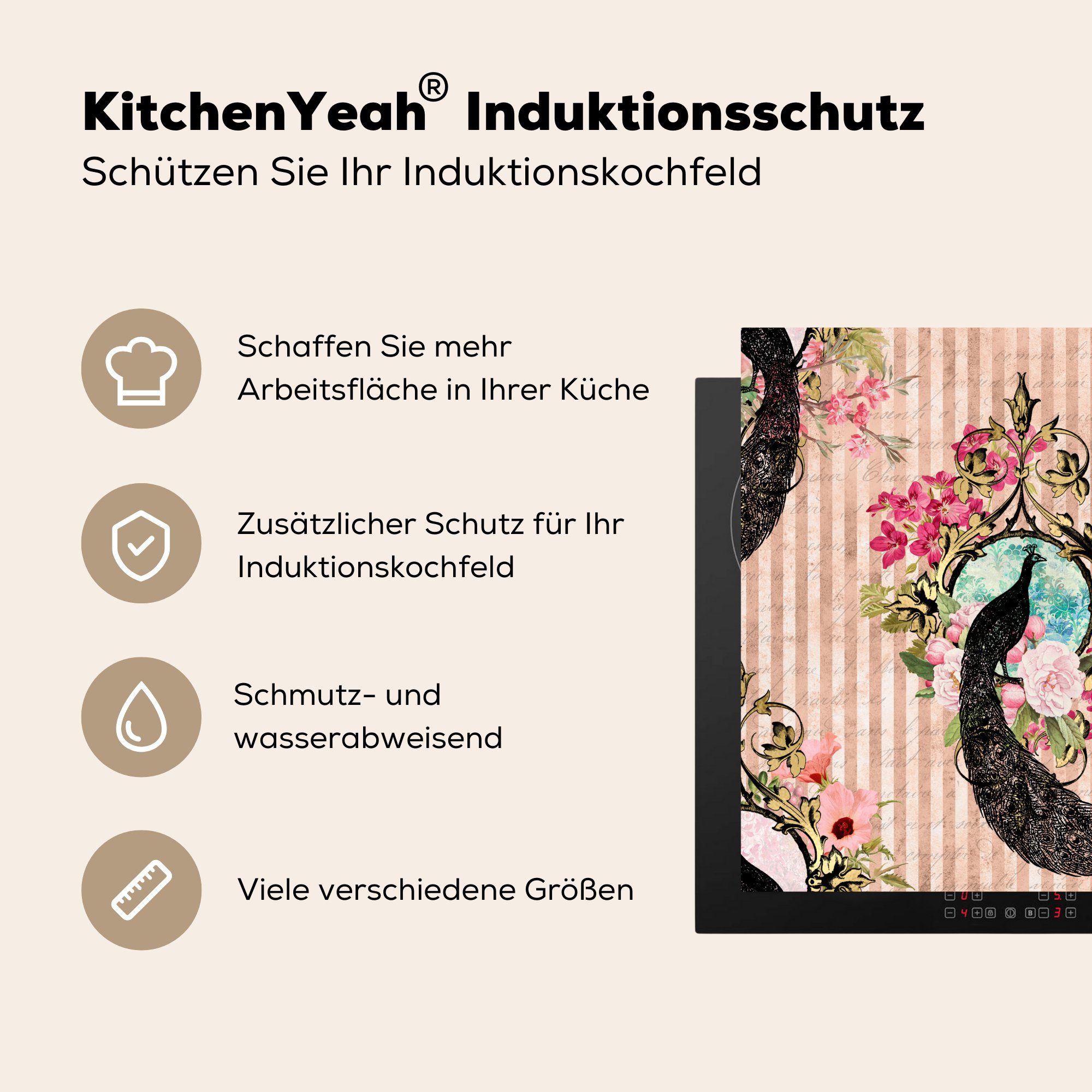 Rosa Ceranfeldabdeckung, küche (1 - MuchoWow Herdblende-/Abdeckplatte Vinyl, Blumen, tlg), cm, Pfau für - 78x78 Arbeitsplatte