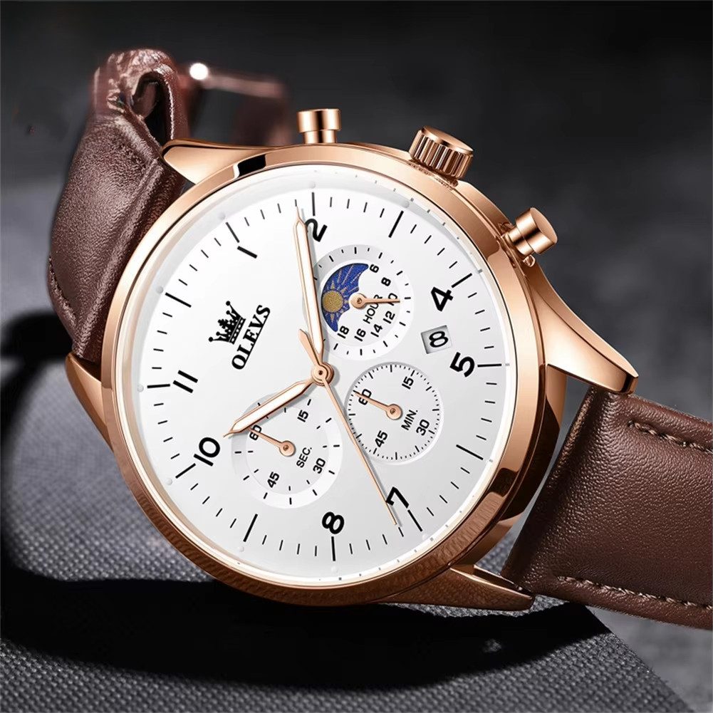 OLEVS Quarzuhr Herren Olevs Chronograph Uhr mit Tag & Nacht Anzeige, Lederarmband