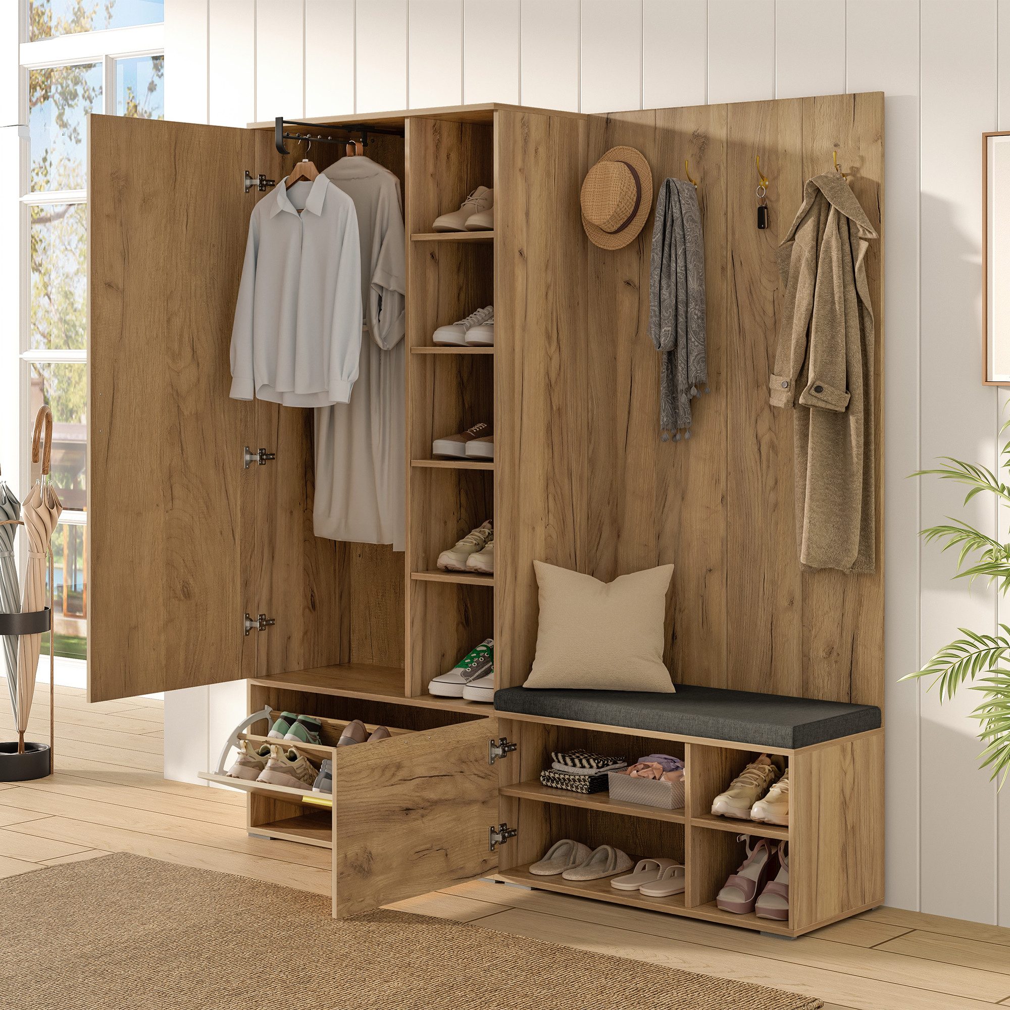 Flieks Garderoben-Set Schuhschrank, Kleiderschrank mit ausziehbarer Kleiderstange & Spiegel, (B160xT38xH180 cm, Flurschrank mit verstellbaren Einlegeböden), Kompaktgarderobe Einganschrank Flurmöbel-Set Holzoptik