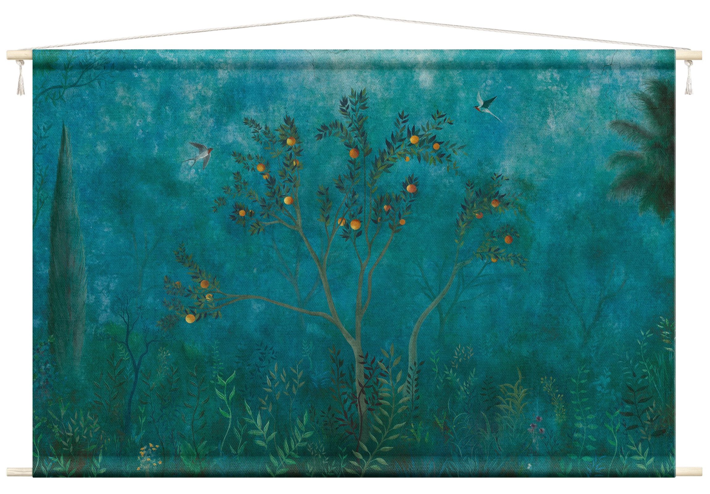 Bilderdepot24 Wandteppich modern Wald Tropisch Natur Tiere Vögel blau, rechteckig, Höhe: 2.6 mm, großes Wandbild aus Natur-Baumwolle Wandbehang Stoffbild Tuch Wollseil