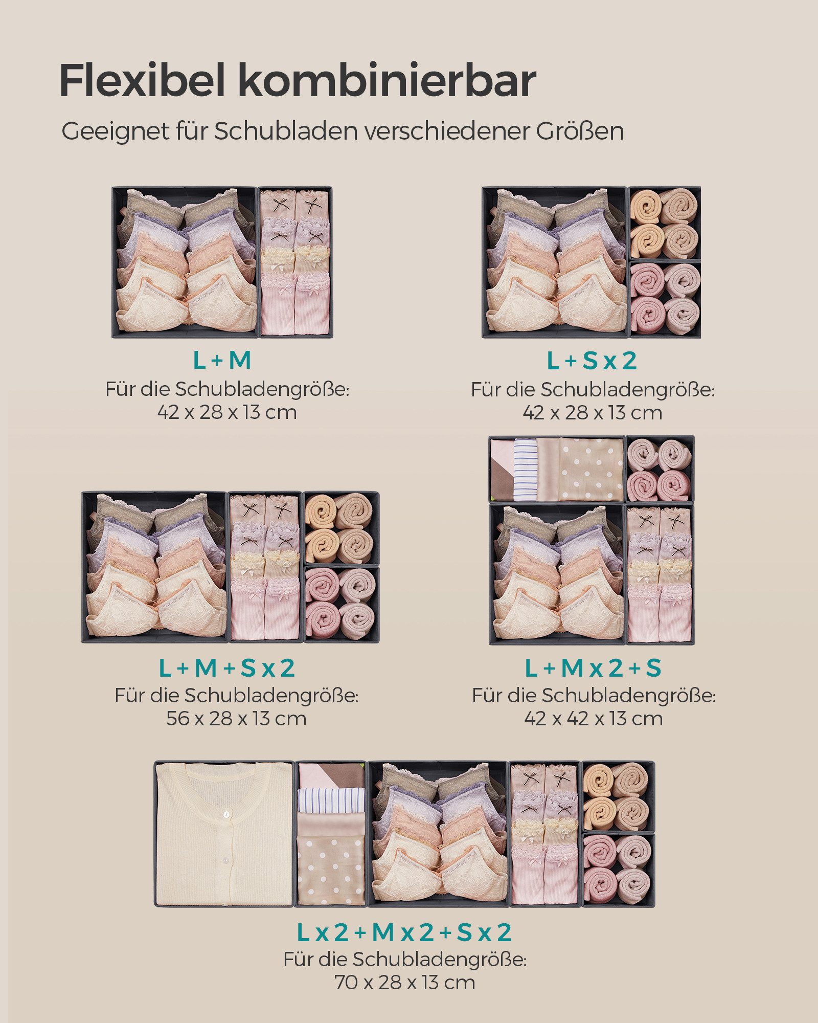 SONGMICS Aufbewahrungsbox aus Stoff, faltbare Box, für Socken, Unterwäsche, Schubladen-Organizer 12er Set, Krawatten und Schals – Bild 5 von 5