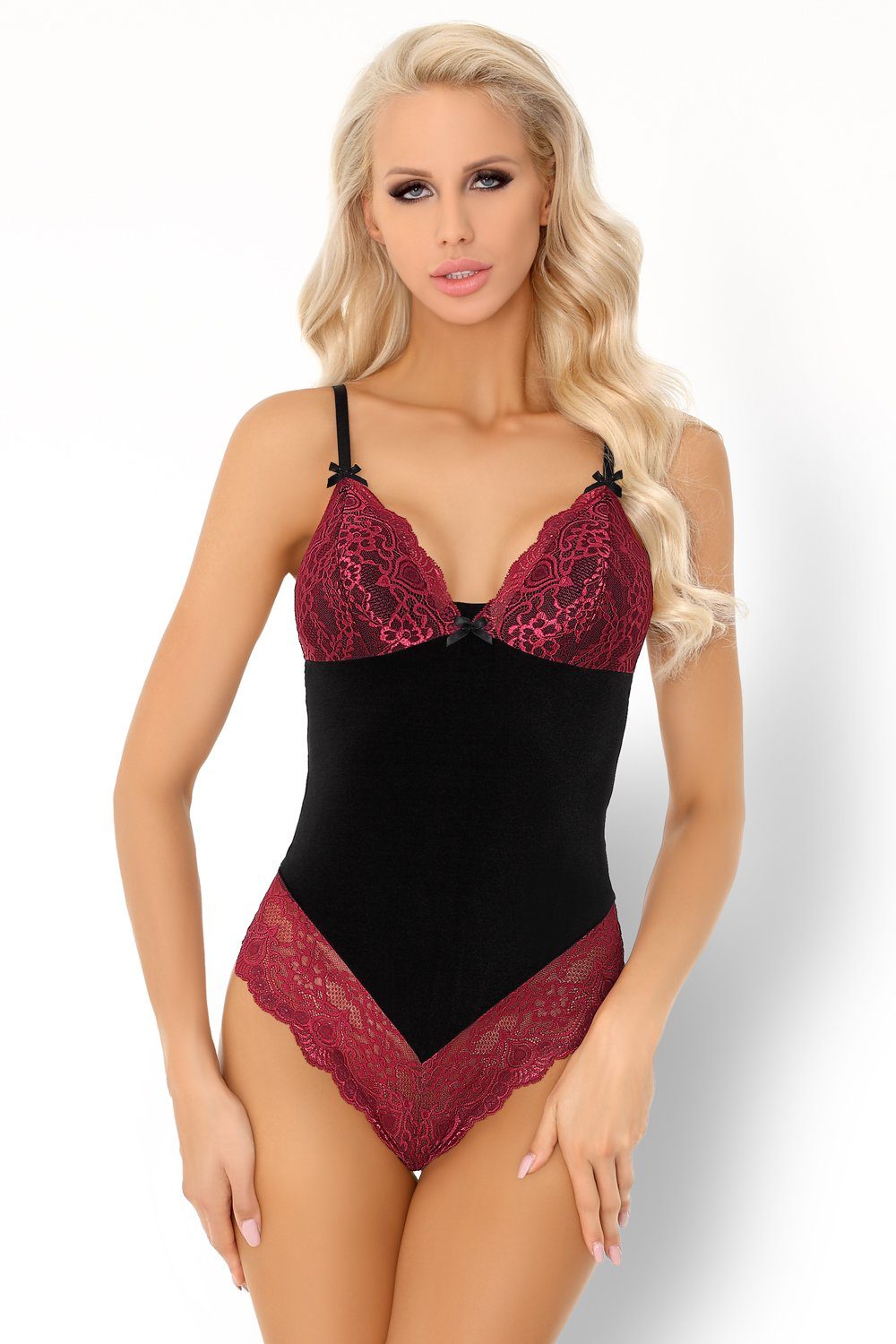 Livco Corsetti Fashion Body Body Caris schwarz-rot mit Spitze Blumenmuster elastisch