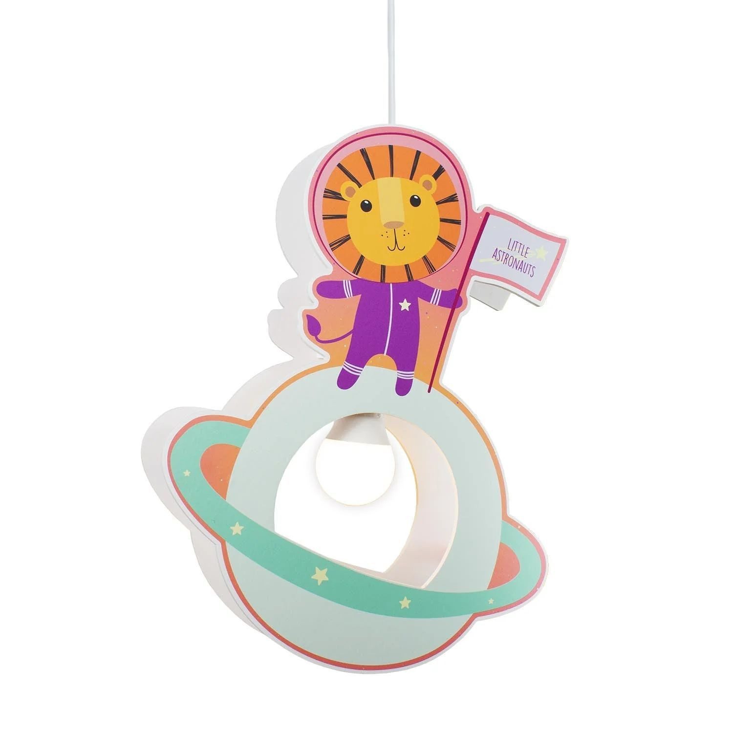 Licht-Erlebnisse Pendelleuchte FIENE, ohne Leuchtmittel, LED Holz B: 32 cm Löwe Astronaut Bunt für E27 Kinderzimmer