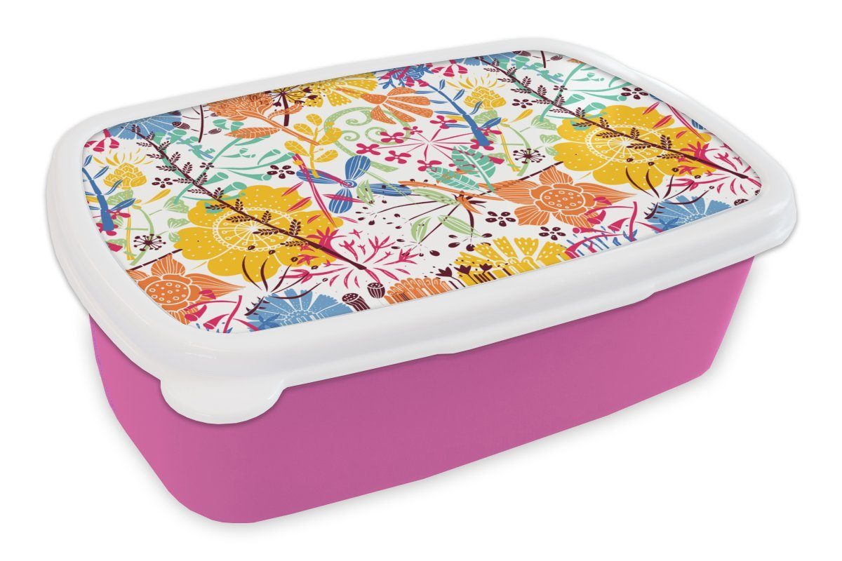 MuchoWow Lunchbox Blumen - Pflanzen - Regenbogen - Muster, Kunststoff, (2-tlg), Brotbox für Erwachsene, Brotdose Kinder, Snackbox, Mädchen, Kunststoff rosa