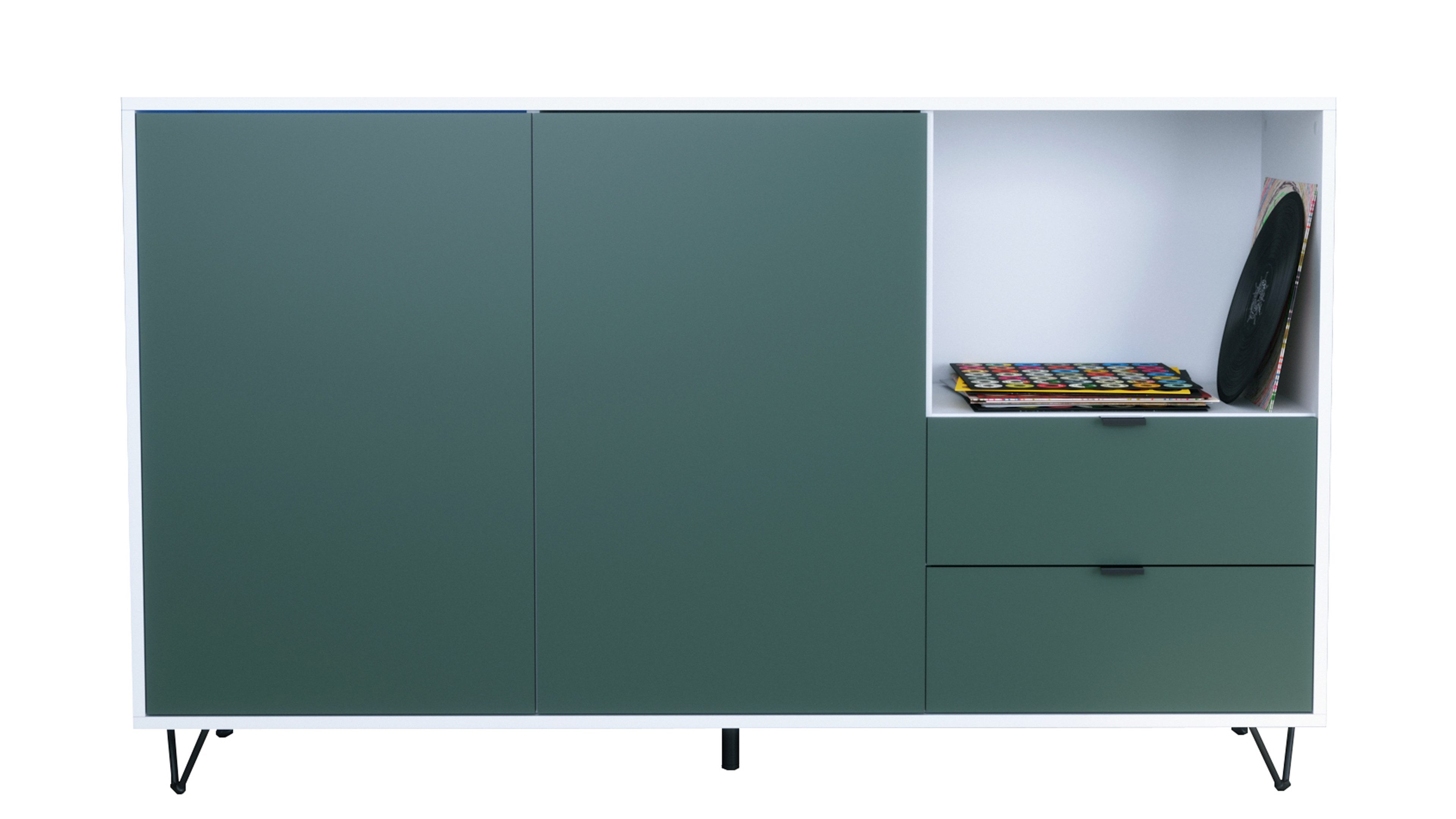 Vladon Sideboard Marino (Kommode mit 2 Türen Fjord Grün, 2 Schubladen Fjord Grün, Made in Germany), Korpus Weiß matt (152,5 x 90,5 x 37 cm)