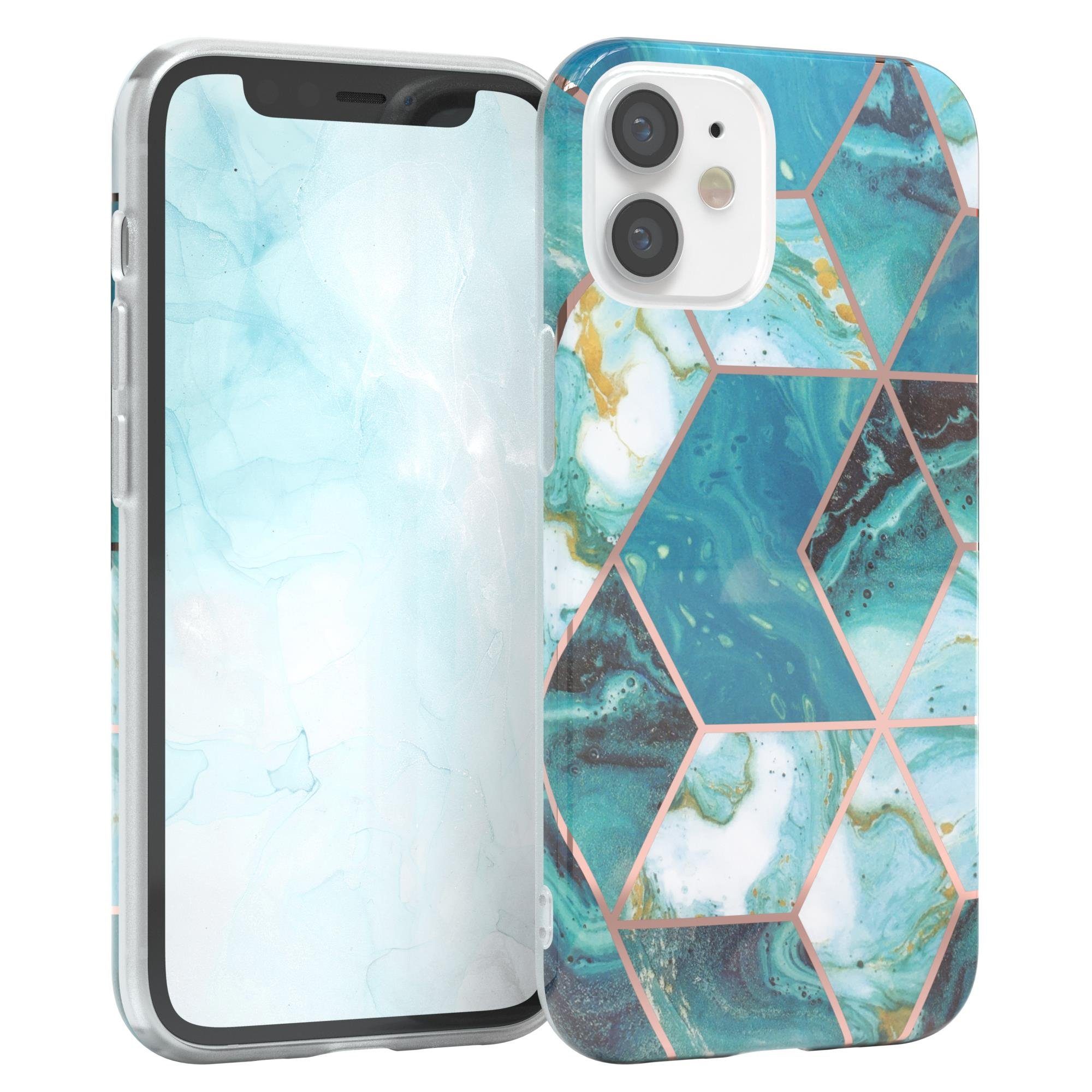 EAZY CASE Handyhülle IMD Motiv Cover für Apple iPhone 12 Mini 5,4 Zoll, Etui Silikonhülle Dünn Design Ultra Case kratzfest Marmor Blau Grün