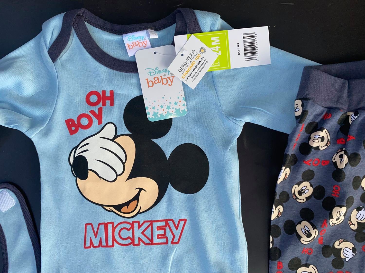 Junge 3-teiler Baby Outfit Set mit Mickey Mouse für Junge in Größe 80 86 92 98 104 Disney mit Baby-Hose Langarm-Shirt und Mütze für 1 2 3 Jahre 