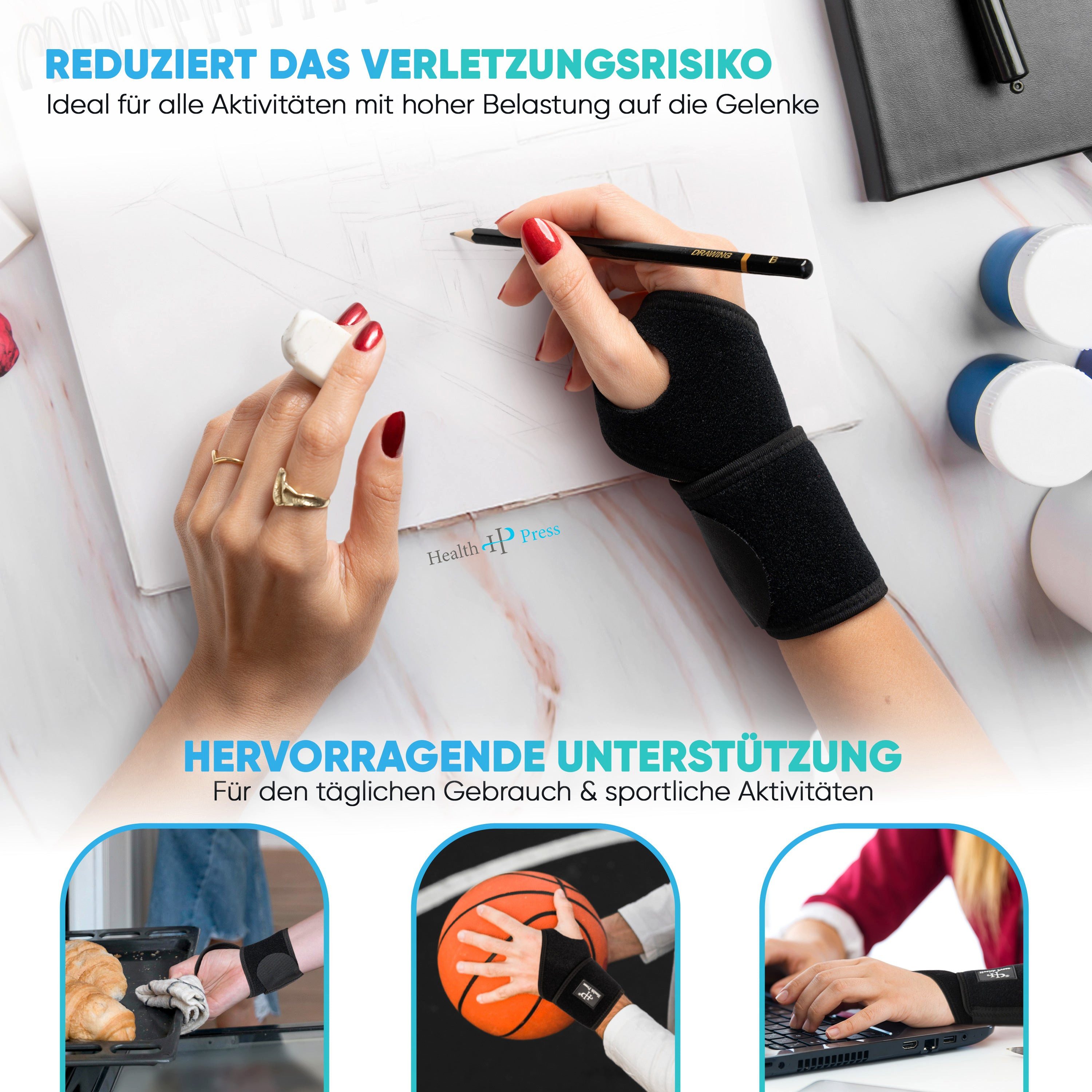 Health Press Handgelenkbandage - Handgelenkstütze - Handgelenk Bandage Universell (Rechts & Links, 1er Set), Dermatologisch getestet
