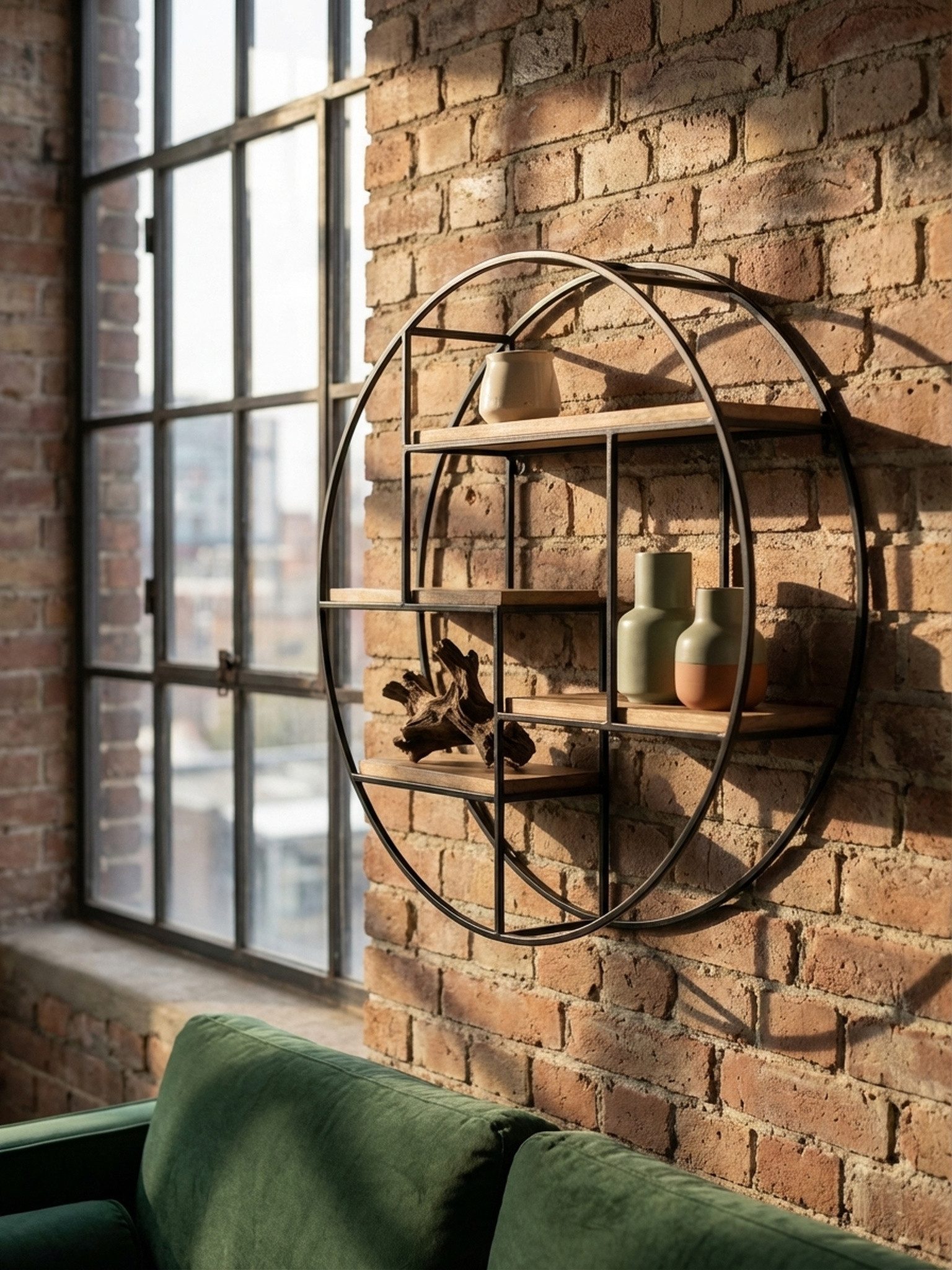 KADIMA DESIGN Wandregal Wandregal 70x70x18 cm Mango Massivholz / Metall Hängeregal Rund, Bücherregal Wand, Kleines Design Schweberegal Industrial, Regal Hängend Wohnzimmer