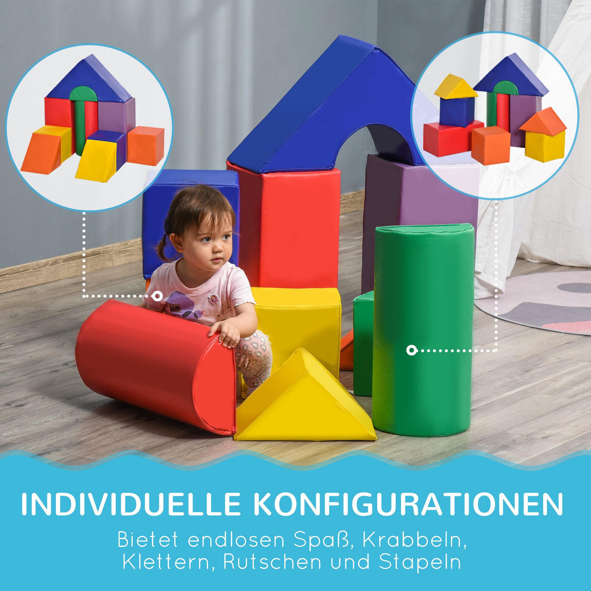 HOMCOM Schaumstoffbausteine Bauklötze zum Toben, Klettern Spielbausteine, (Riesenbausteine, 11 St., Bausteinset), für 1-3 Jahre Kinder, Kunstleder, Bunt