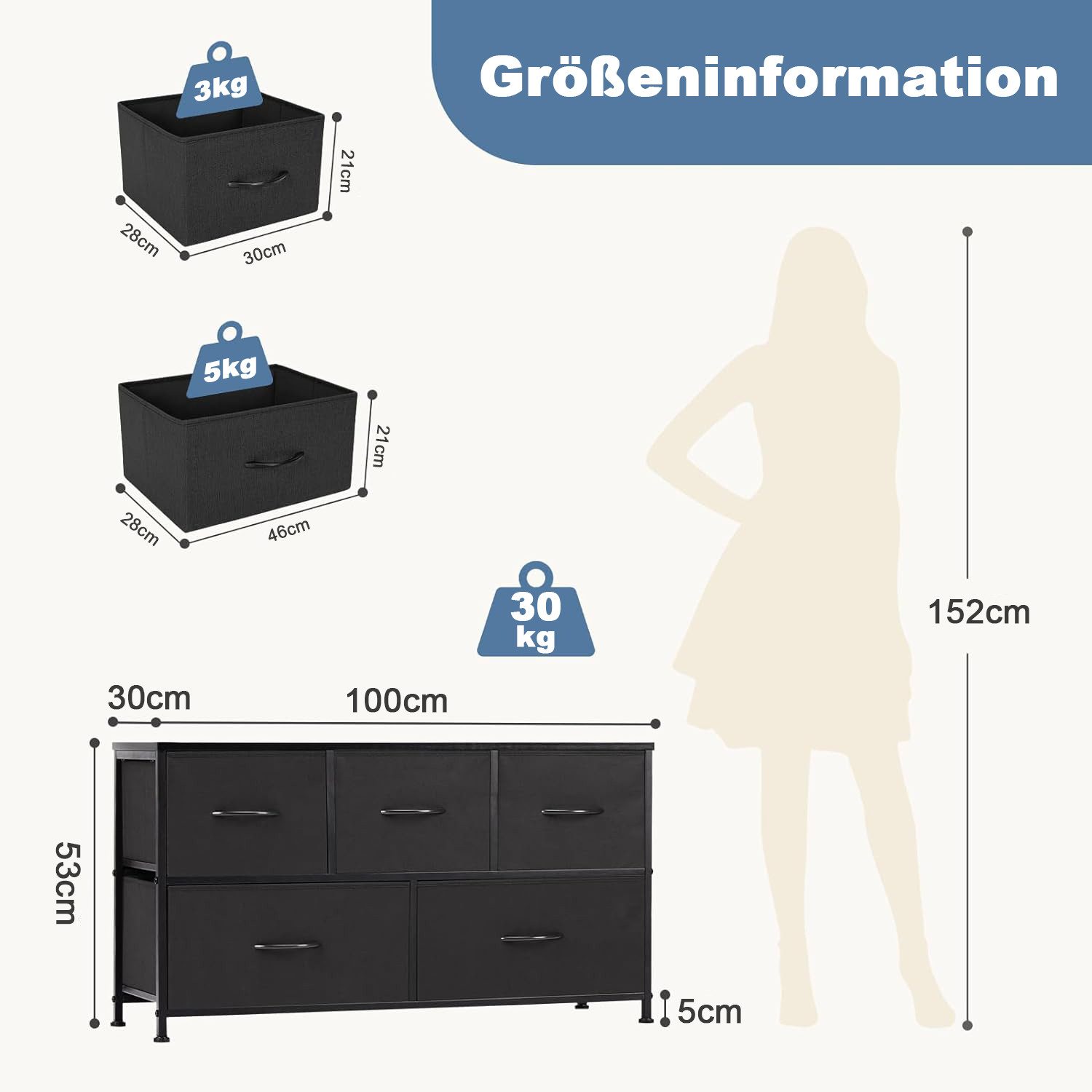 DUMOS Stauraumschrank Kommode mit Stoffschubladen, Stoffkommode für Schlafzimmer Geeignet Schubladenschränke